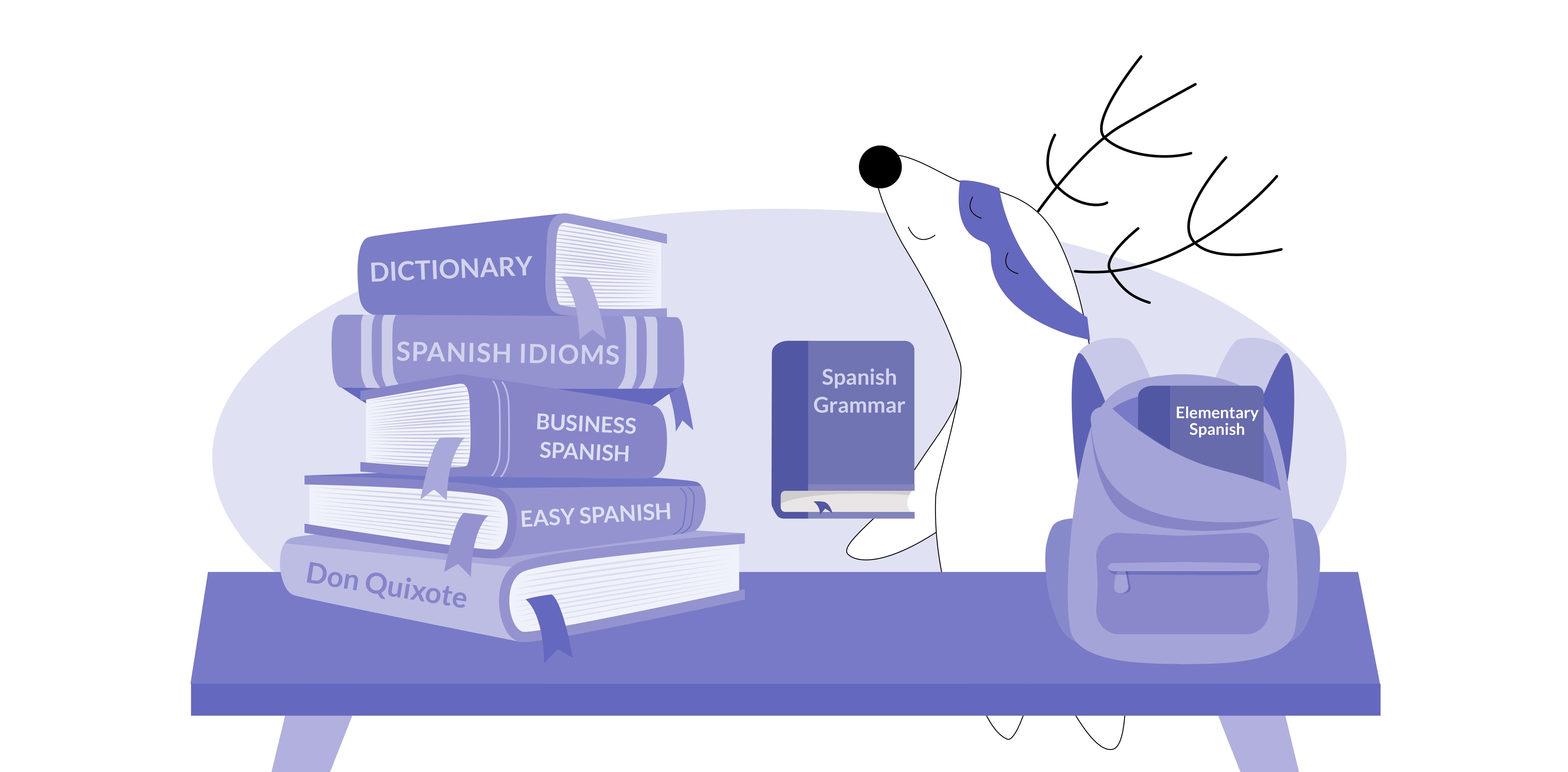 Soren sits in front of a pile of books to study Spanish, like a grammar book, a dictionary, and other textbooks.