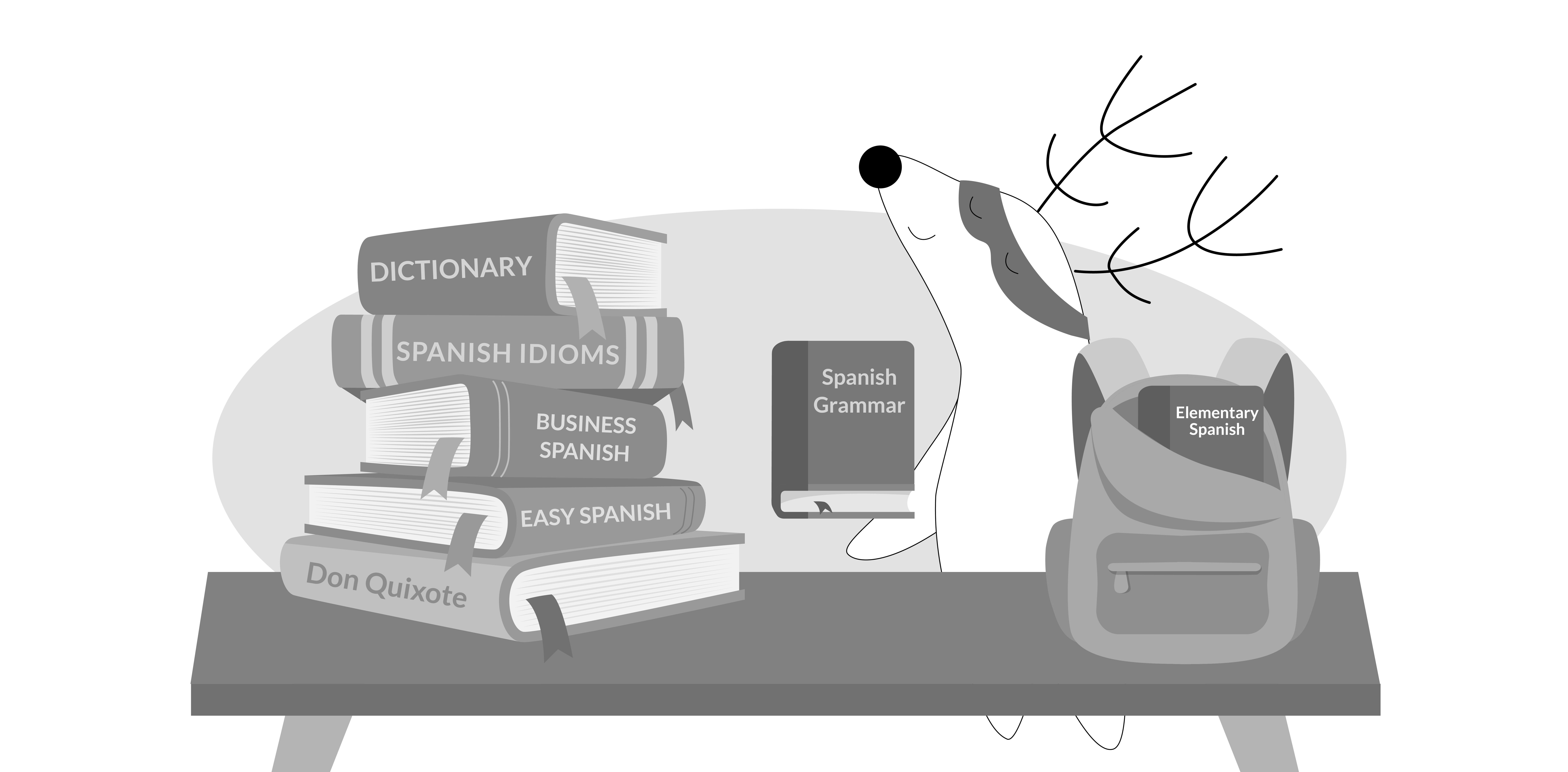 Soren sits in front of a pile of books to study Spanish, like a grammar book, a dictionary, and other textbooks.
