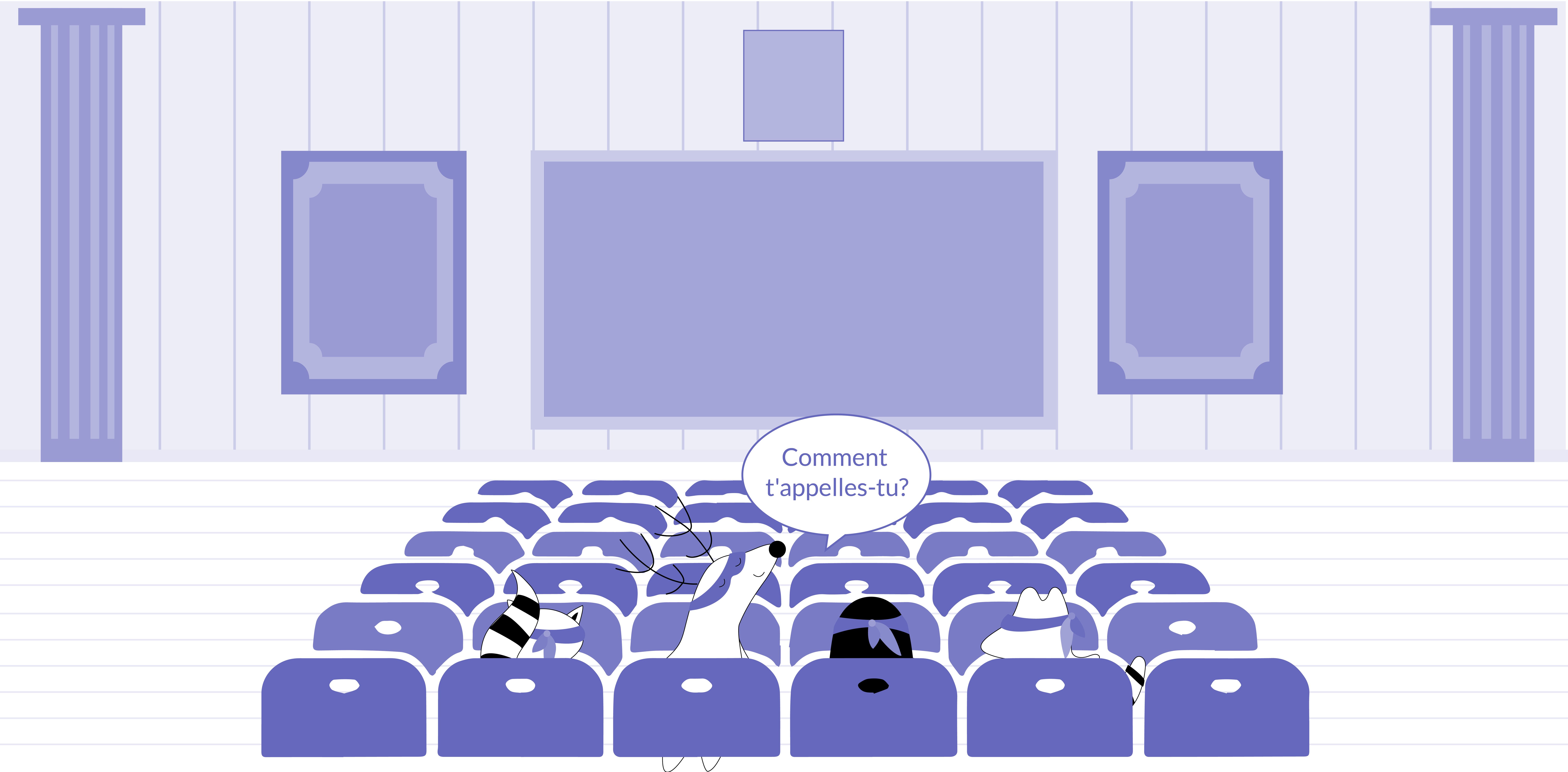 Soren, Pocky, Iggy, and Benji are in the vast auditorium at the university, meeting each other for the first time. Iggy sits next to Pocky and asks him, “Comment t'appelles-tu?”