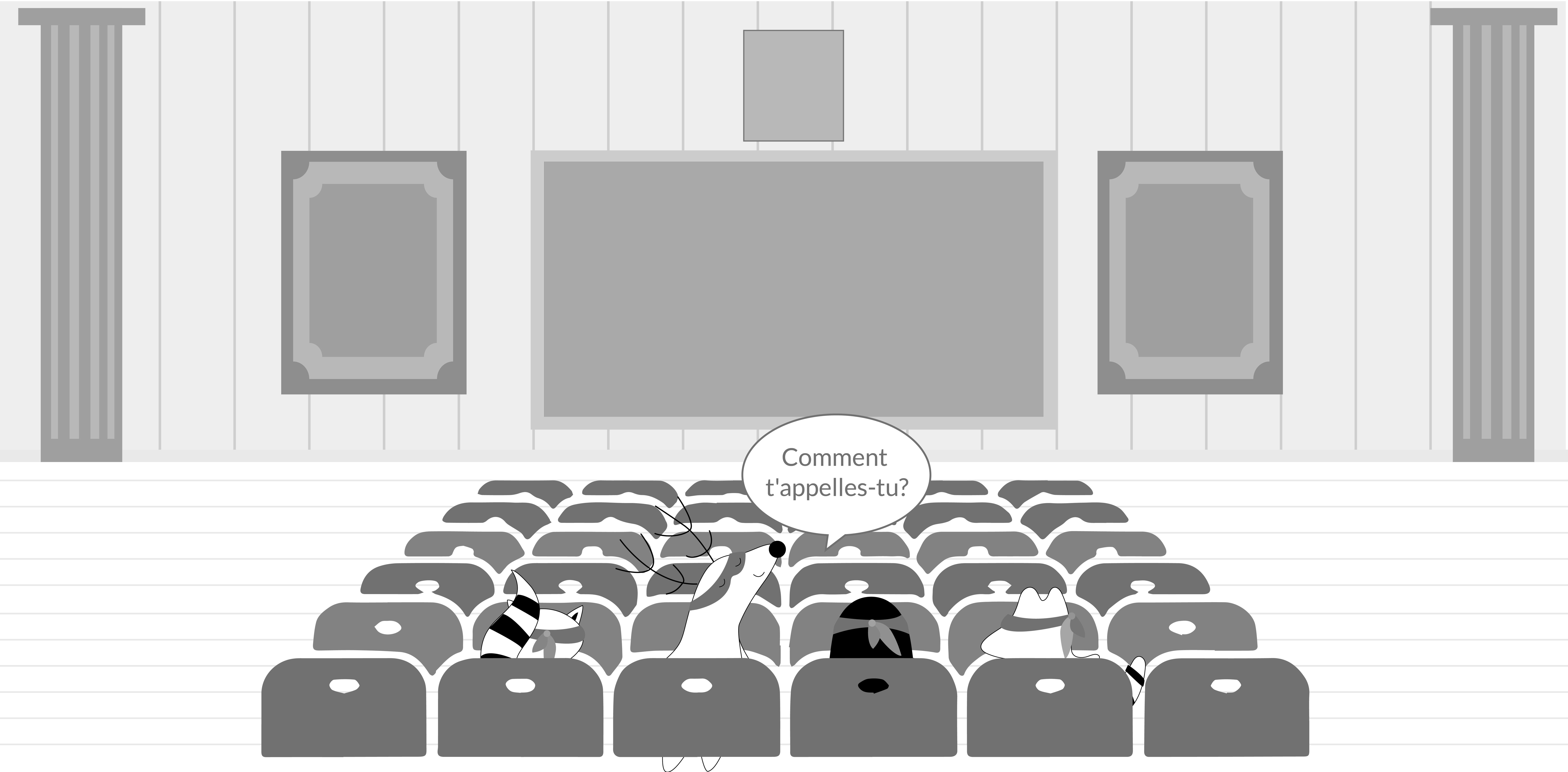 Soren, Pocky, Iggy, and Benji are in the vast auditorium at the university, meeting each other for the first time. Iggy sits next to Pocky and asks him, “Comment t'appelles-tu?”