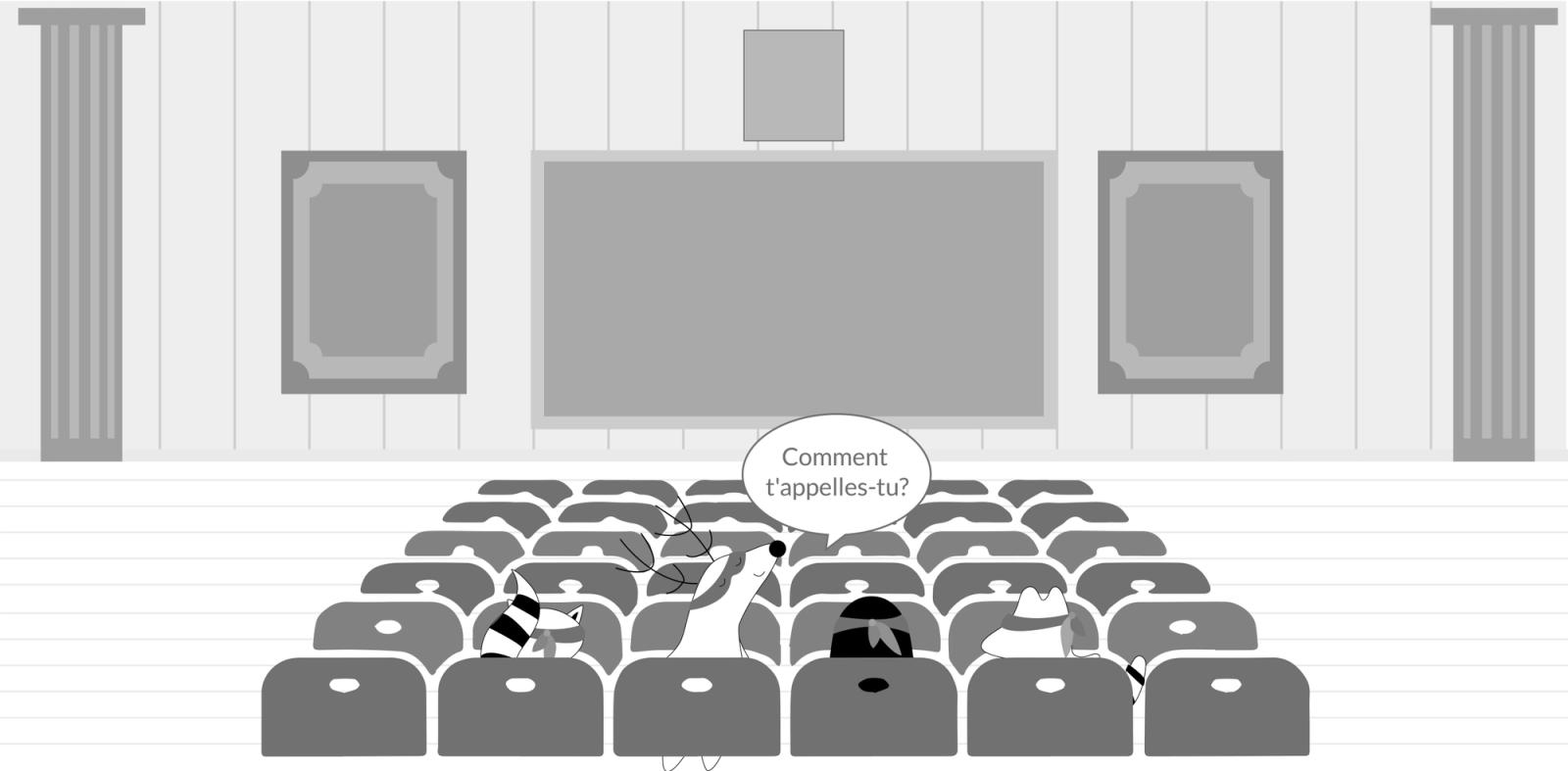 Soren, Pocky, Iggy, and Benji are in the vast auditorium at the university, meeting each other for the first time. Iggy sits next to Pocky and asks him, “Comment t'appelles-tu?”