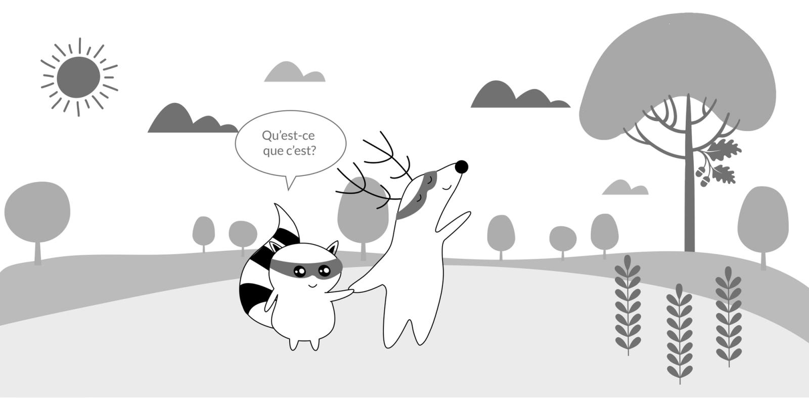 Iggy and Benji are walking in the park, Iggy points at a chestnut, asking Benji, “Qu’est-ce que c’est?”