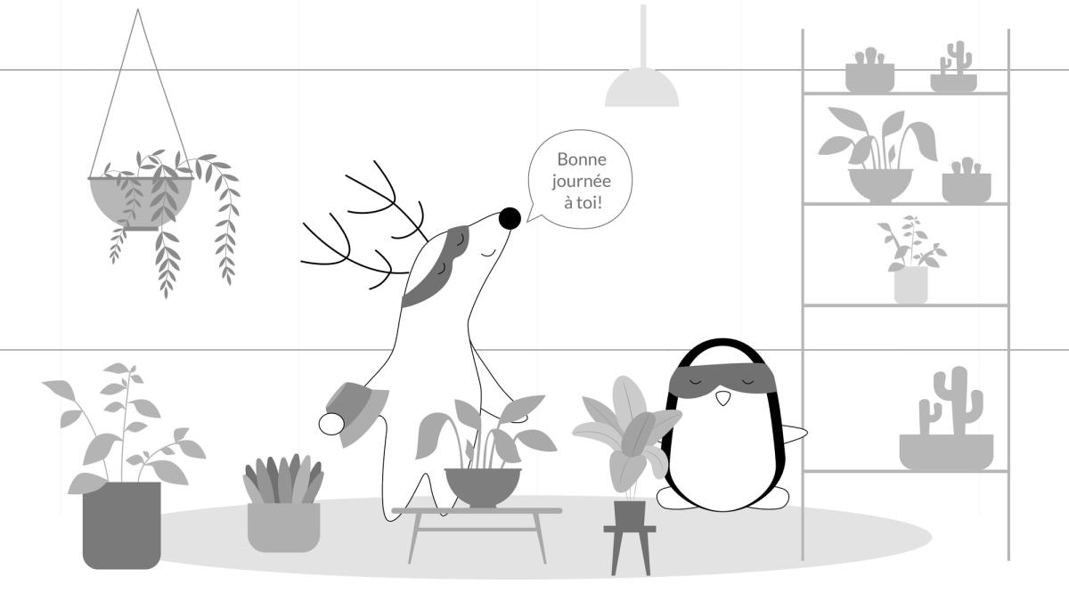 Soren enters a flower shop, taking his hat off, saying, “Bonne journée à toi.” to Pocky, who works there as a florist.