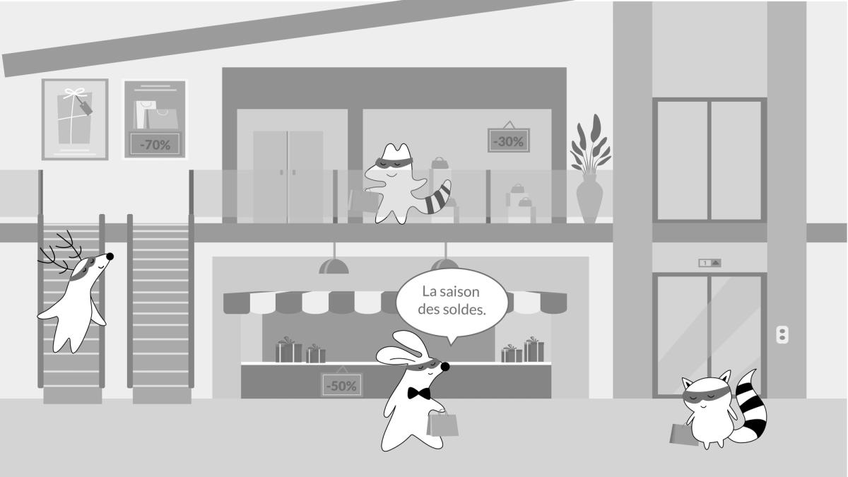 Iggy walks past several shop windows, all covered with signs like “-30%,” “-50%,” “-70%,” thinking to herself, “La saison des soldes.”