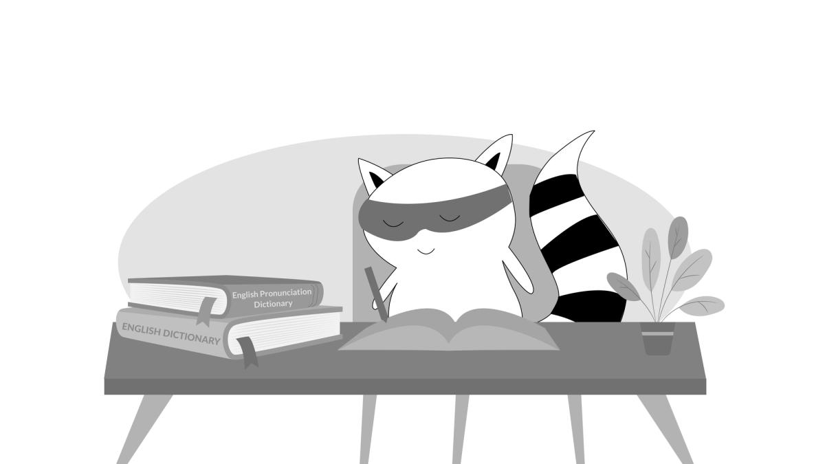 Benji sitting at his desk, studying and with two books at his side. One says “English Pronunciation Dictionary” and the other “English dictionary”.