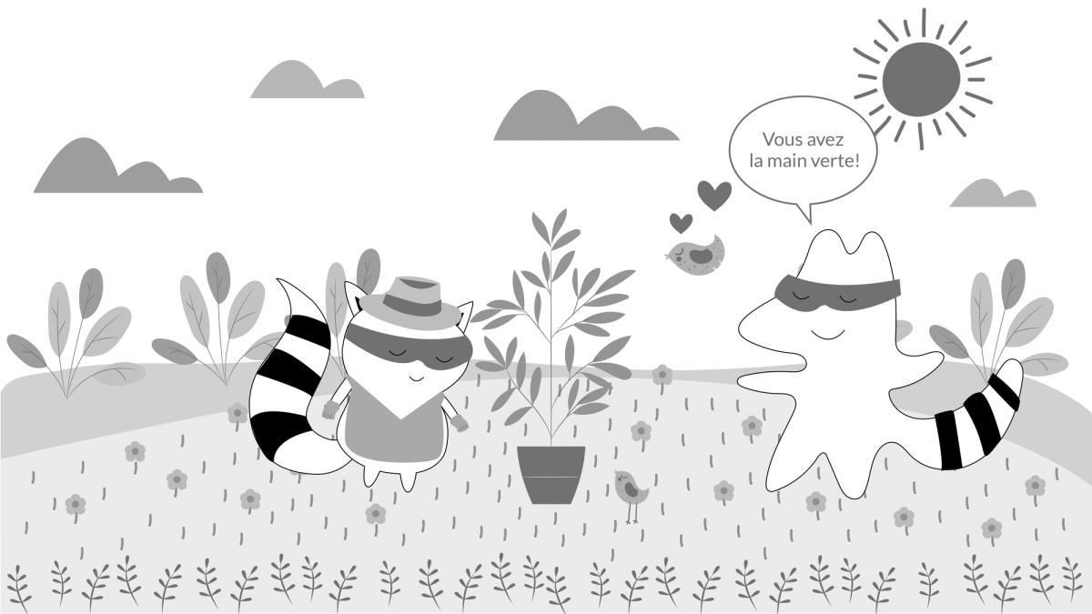 Benji is in the garden, replanting flowers into pots. Iggy observes him, sitting near him, and says, “Vous avez la main verte!”