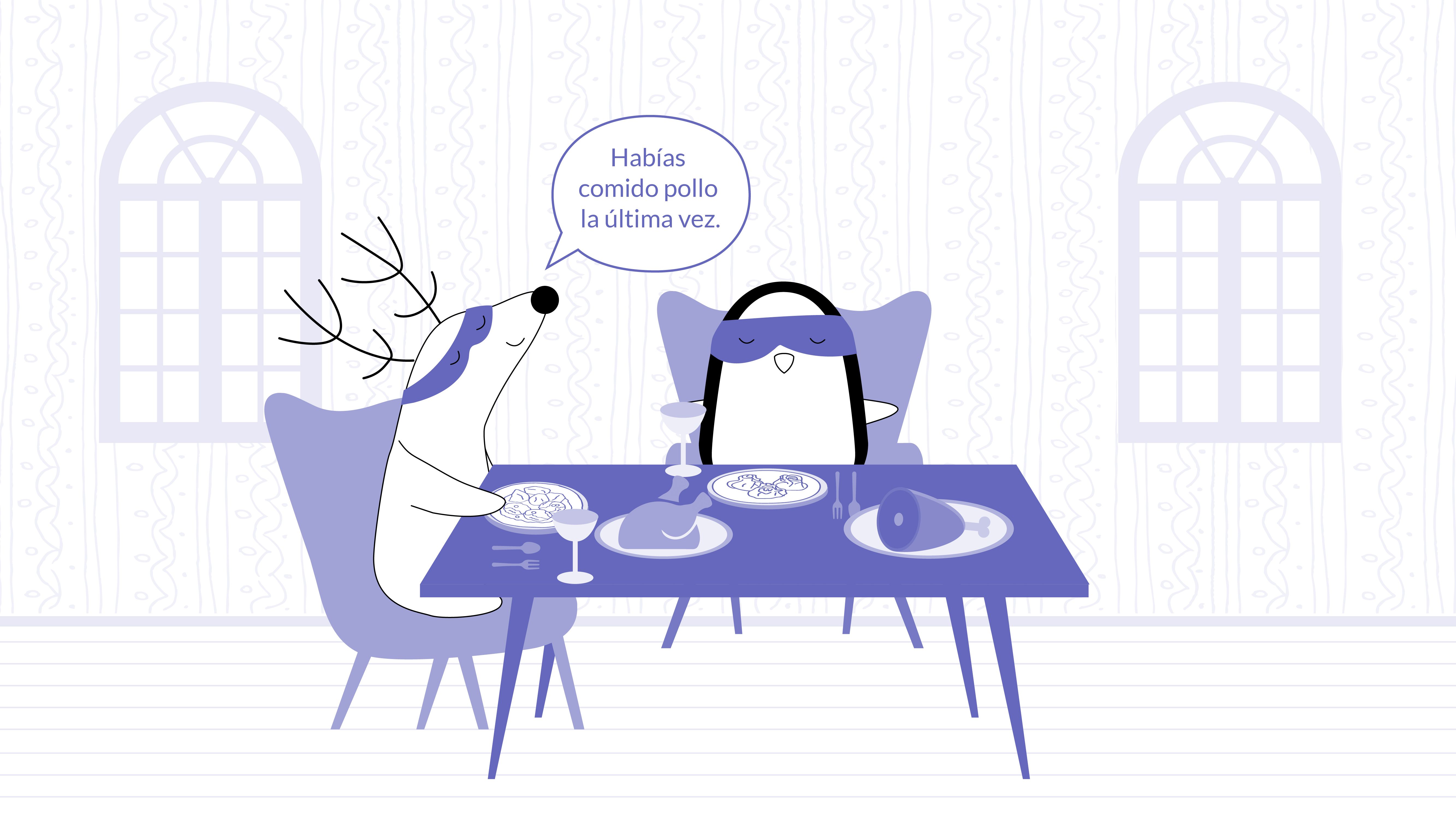 Soren and Pocky are at the restaurant, Soren points at Pocky’s chicken, saying, “Habías comido pollo la última vez.”