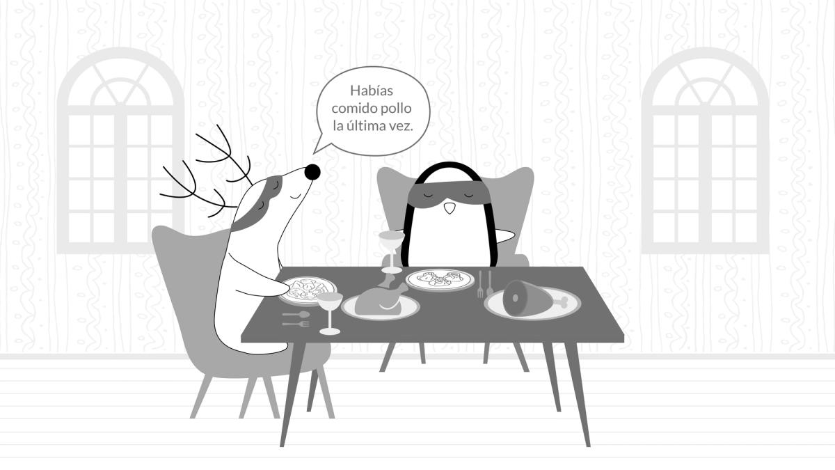 Soren and Pocky are at the restaurant, Soren points at Pocky’s chicken, saying, “Habías comido pollo la última vez.”