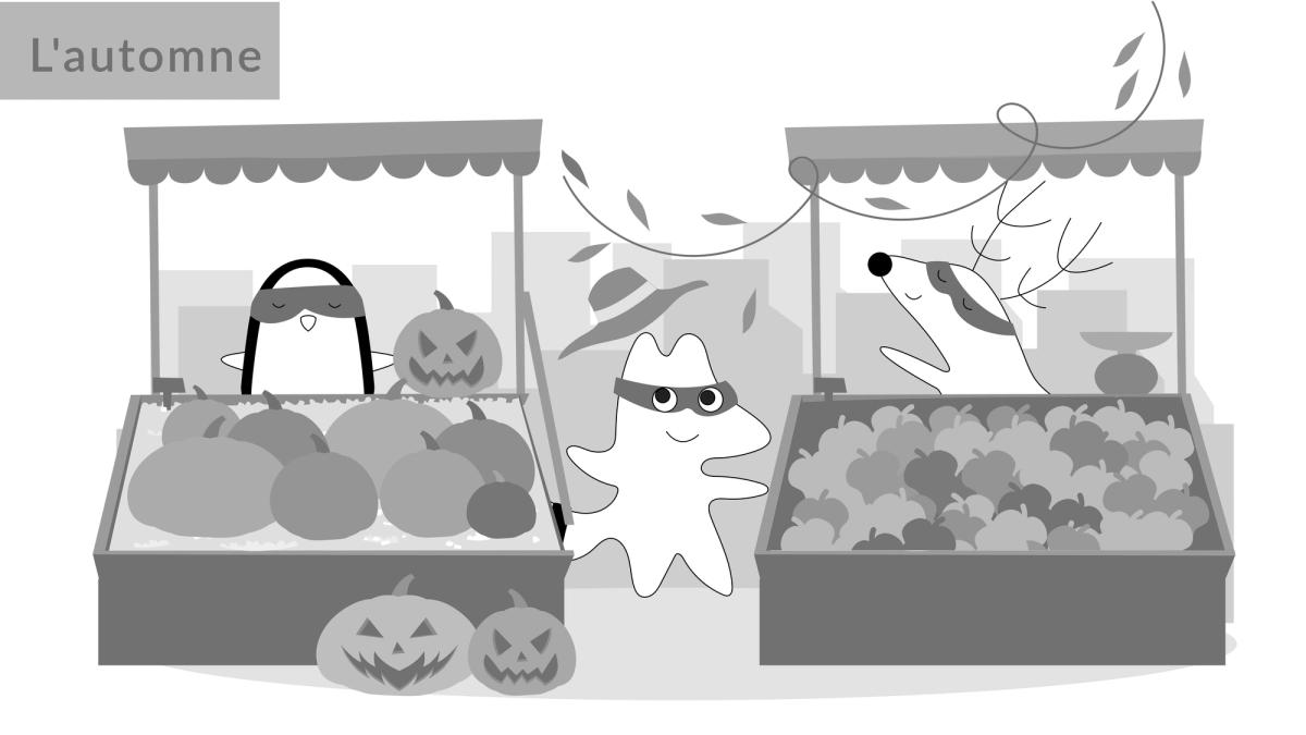 Pocky, Soren, and Iggy are at the fall farmers market, filled with huge pumpkins and apples. There is “L'automne” written in the high right corner.