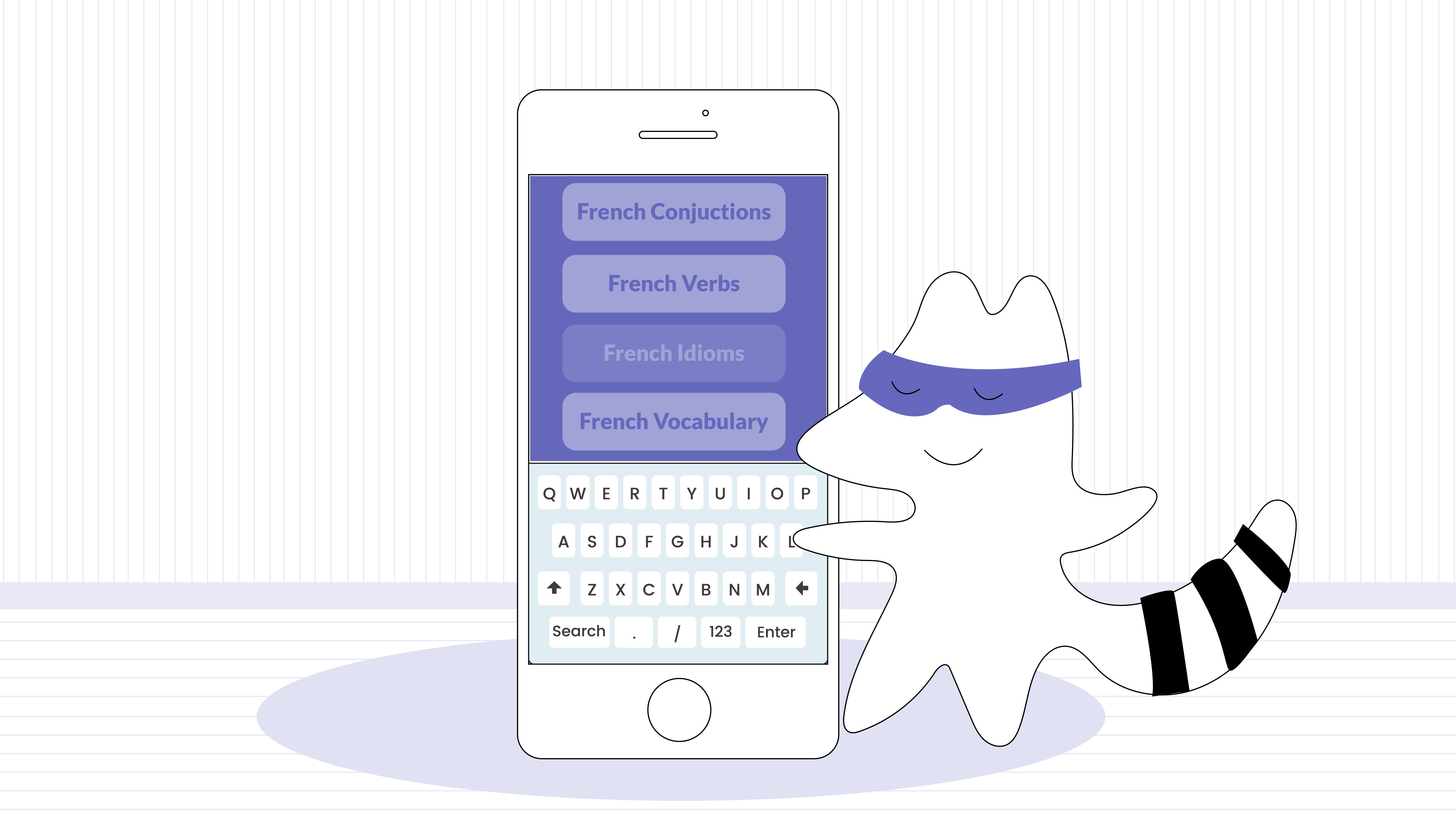 Iggy looks at the phone screen that shows several podcast episodes to choose from. She scrolls through them, picking the “French idioms” one.