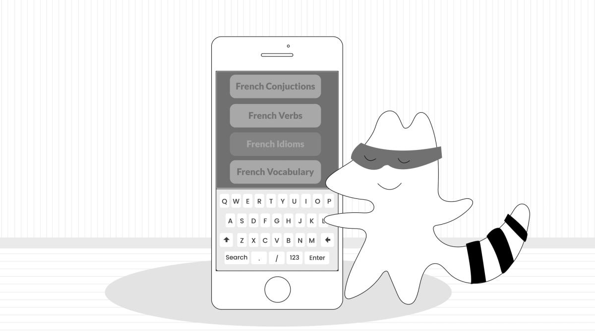  Iggy looks at the phone screen that shows several podcast episodes to choose from. She scrolls through them, picking the “French idioms” one.
