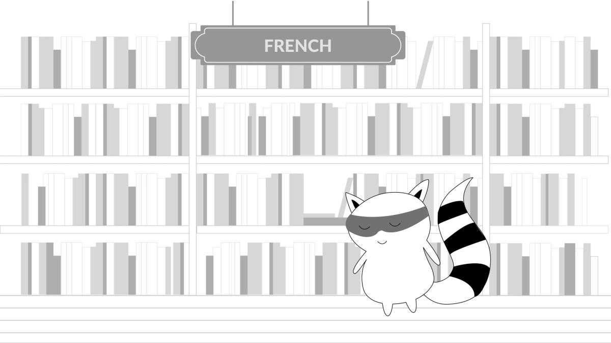 Benji looking at a bookshelf with "french" written at the top