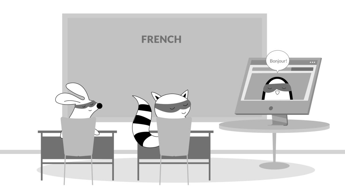 Iggy, Soren, and Benji in a classroom, sitting in desks and watching a teacher on a computer screen.