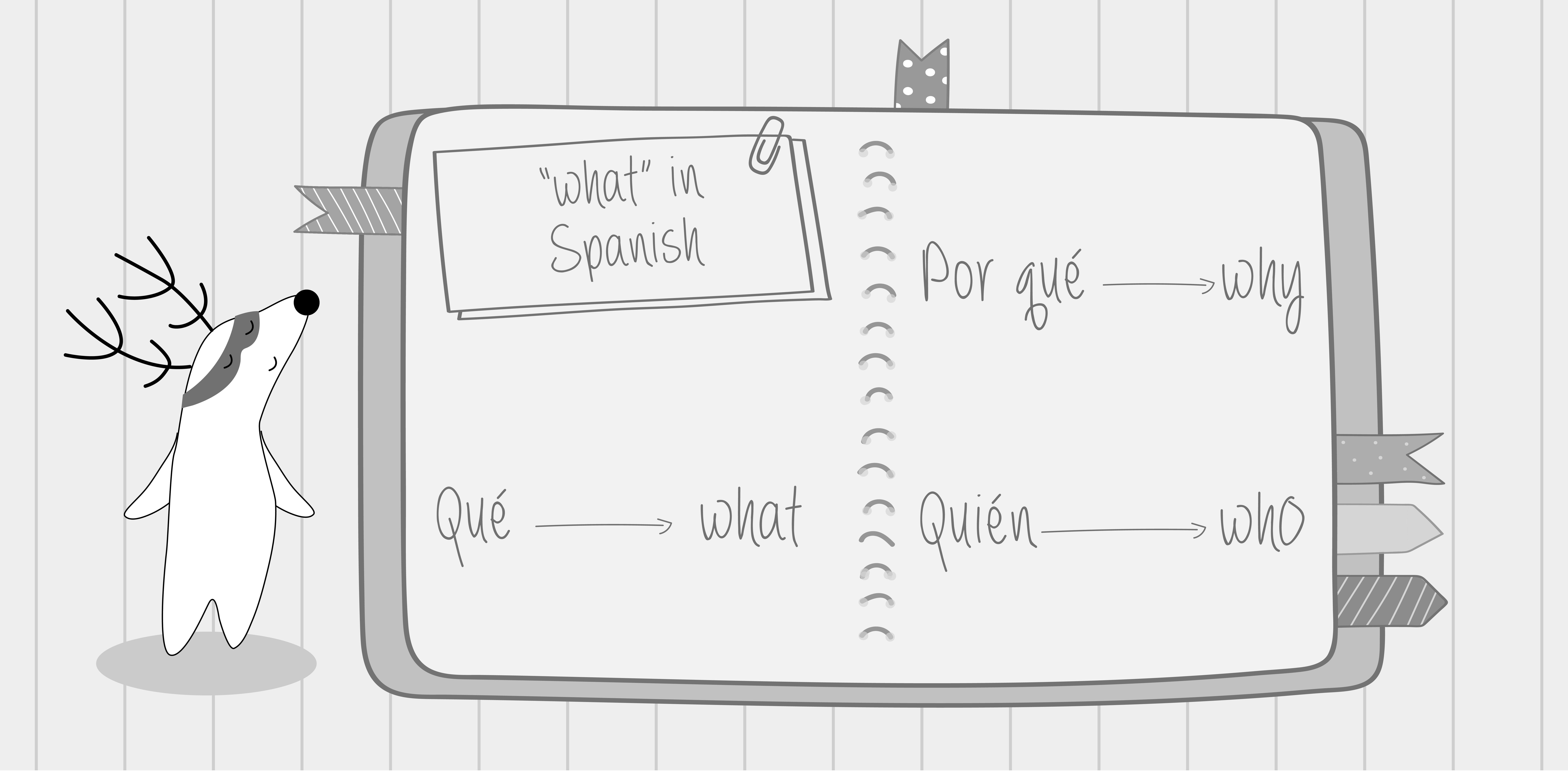 A screenshot of Soren’s notebook, where he noted the following Spanish question words and their English equivalents: "Qué —> What," "Por qué —> Why," and "Quién —> Who."