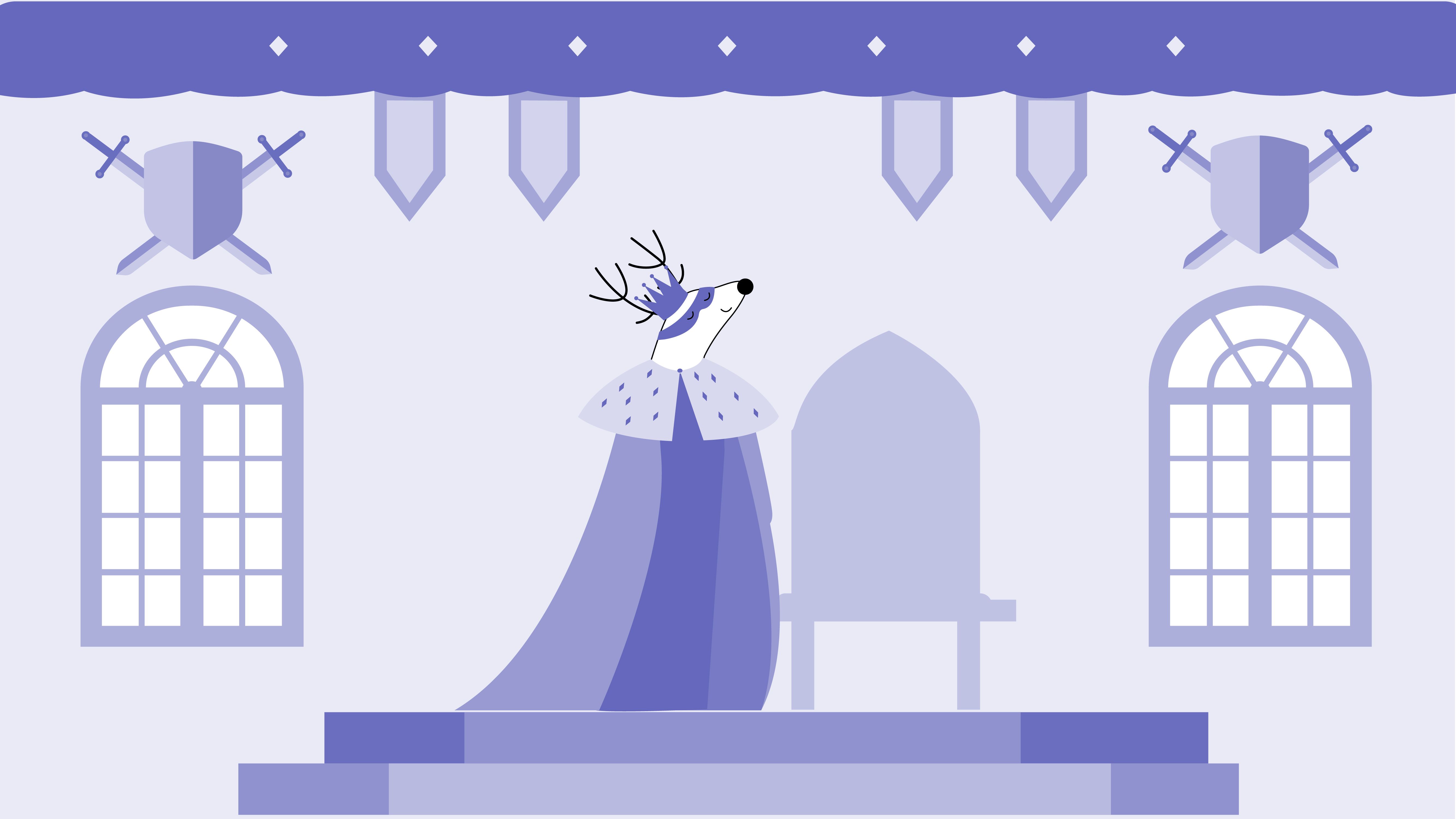 Soren dressed as a king, sitting on a throne in his castle.