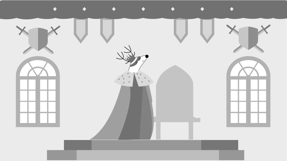 Soren dressed as a king, sitting on a throne in his castle.