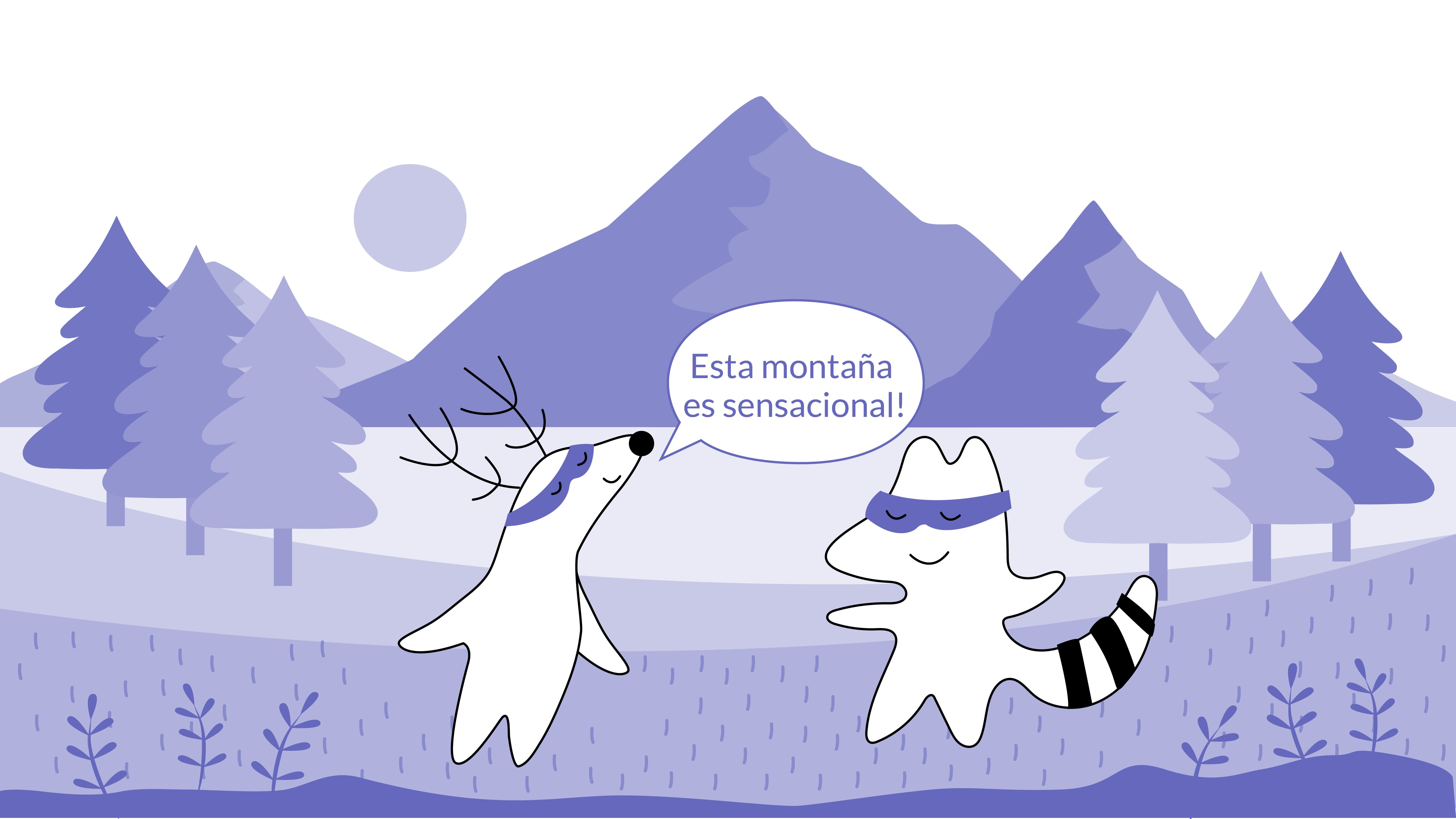 Soren and Iggy are standing in front of a mountain, Soren says “Esta montaña es sensacional.”