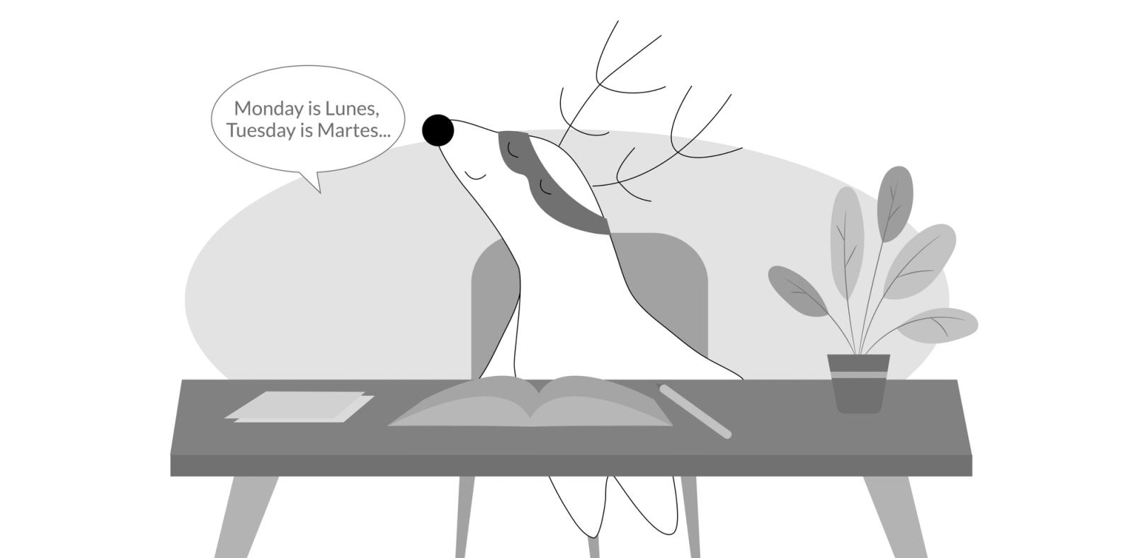Soren sitting in his desk, studying and repeating "Monday is Lunes, Tuesday is Martes..."