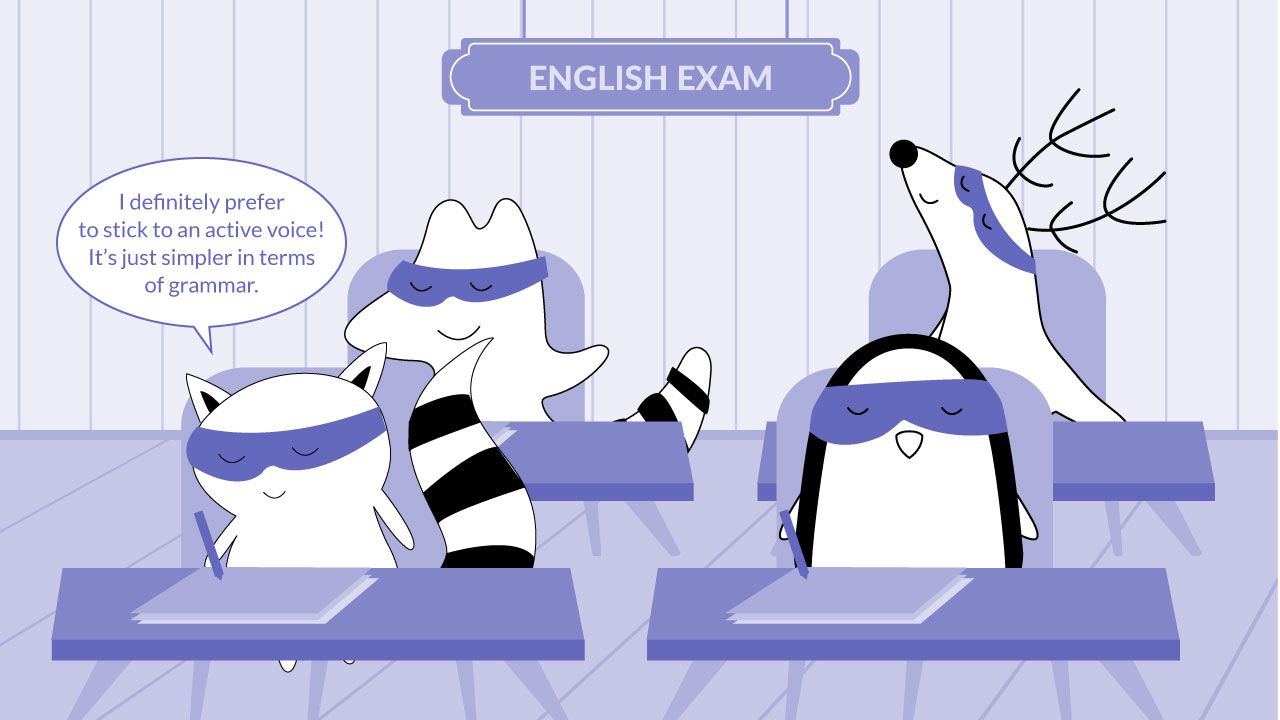 Characters taking an English test, one of them thinking about using active voice more often