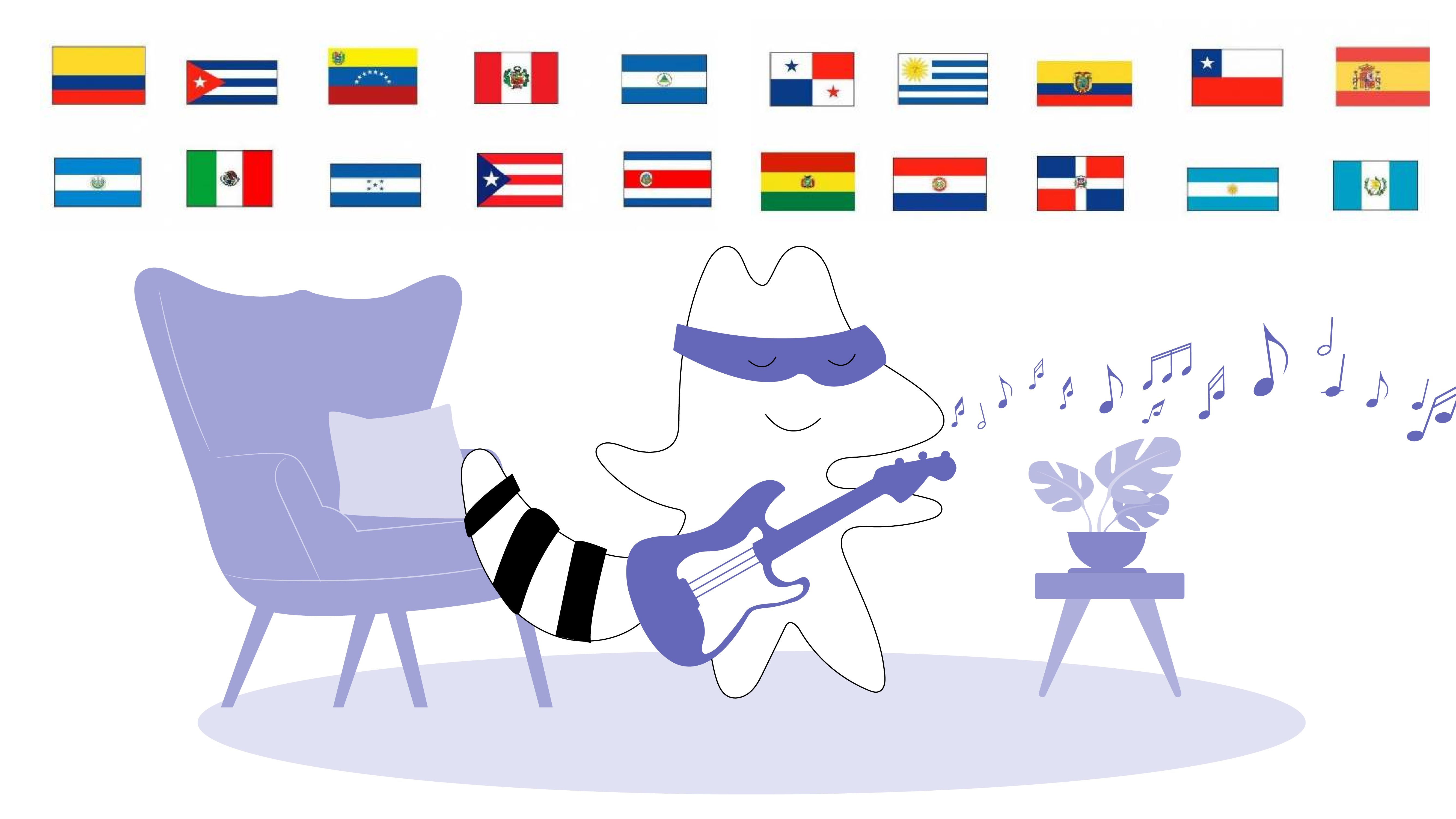 Benji holding a guitar while singing, with the flags of Spanish-speaking countries in the background.