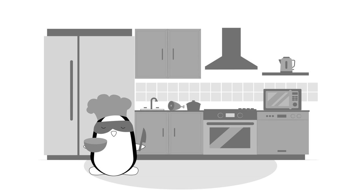  Pocky cooking, surrounded by vegetables and cutting meat to prepare a stew.