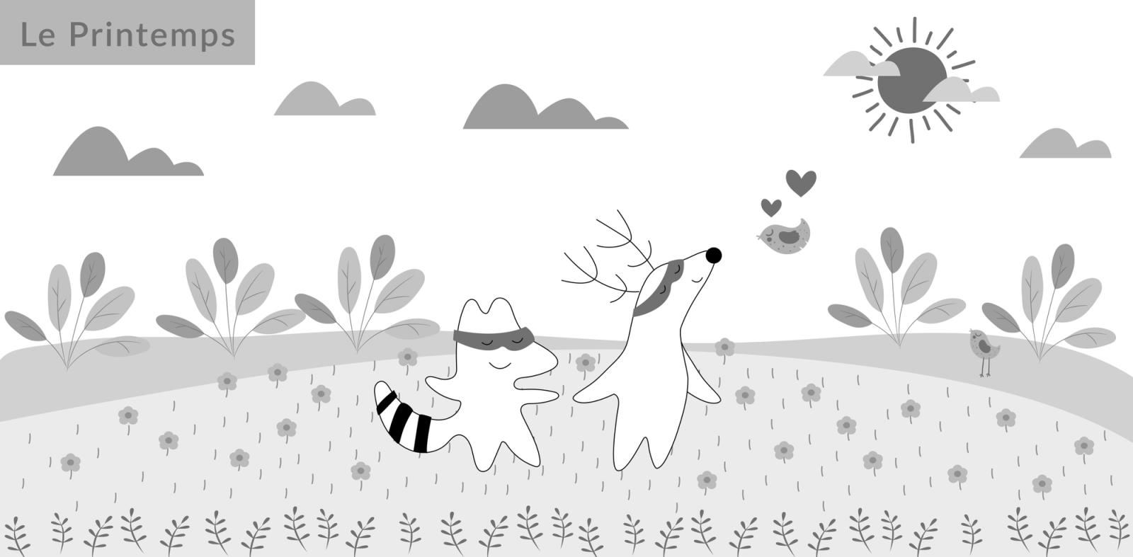 Soren and Iggy are walking in the botanical gardens filled with vibrant blooming flowers. There is “Le Printemps” written in the high right corner.