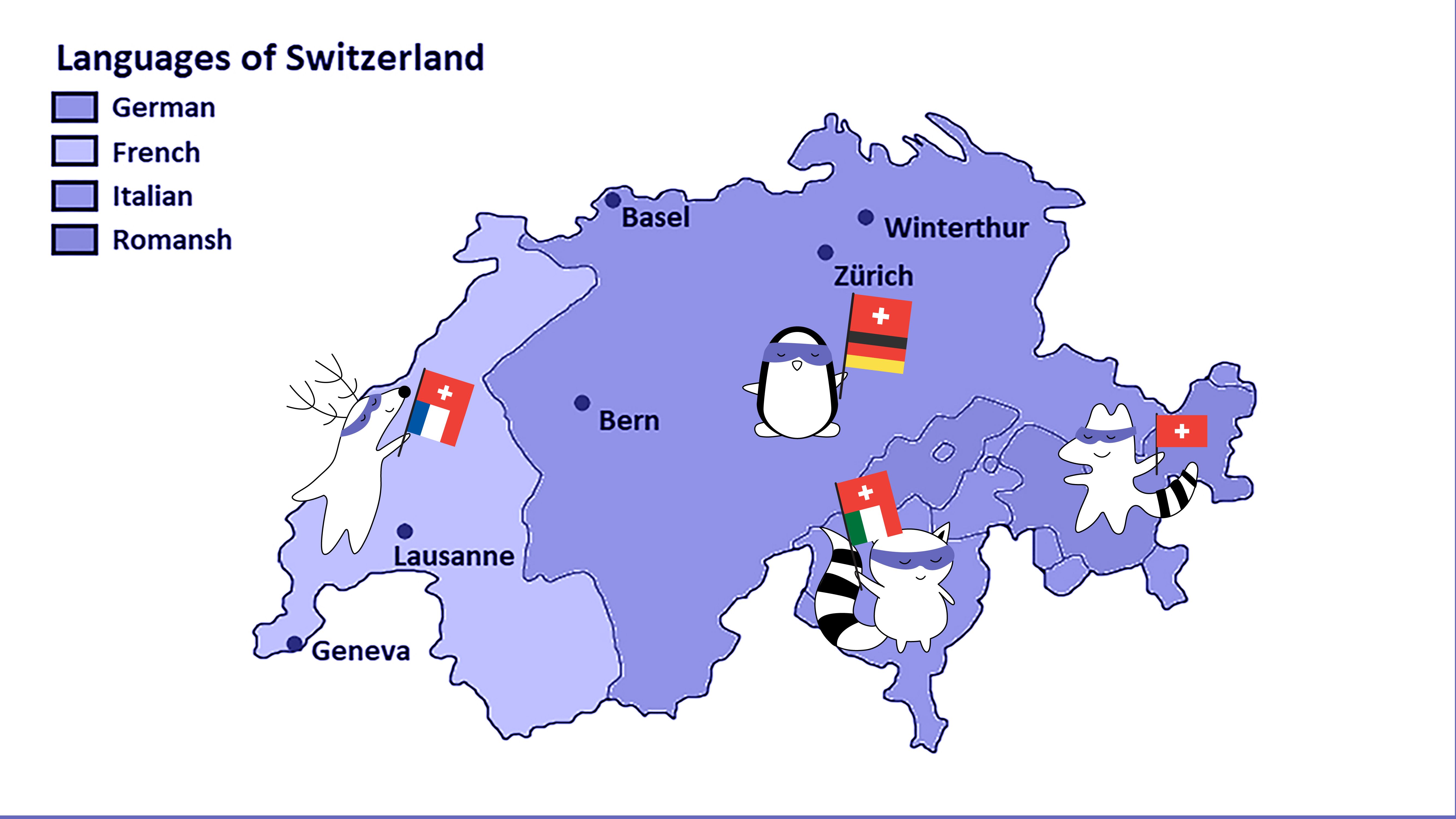 Iggy joins the same map in the Grisons region, holding a Swiss flag.
