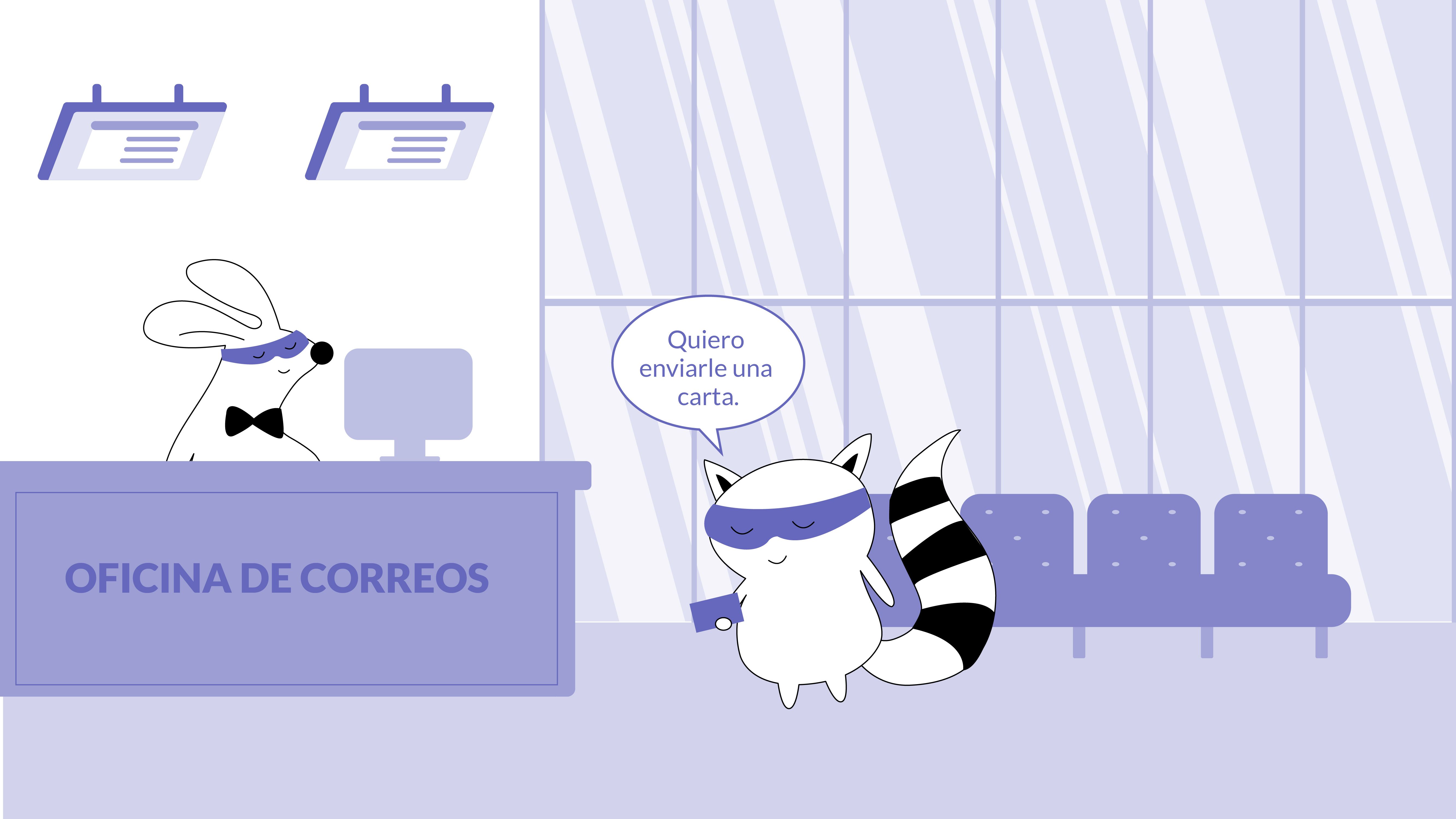 Pocky is at the post office, saying to the employee,