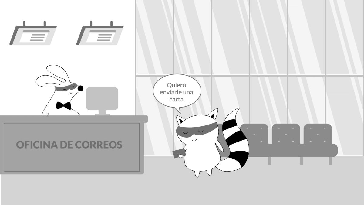 Pocky is at the post office, saying to the employee, "Quiero enviarle una carta."