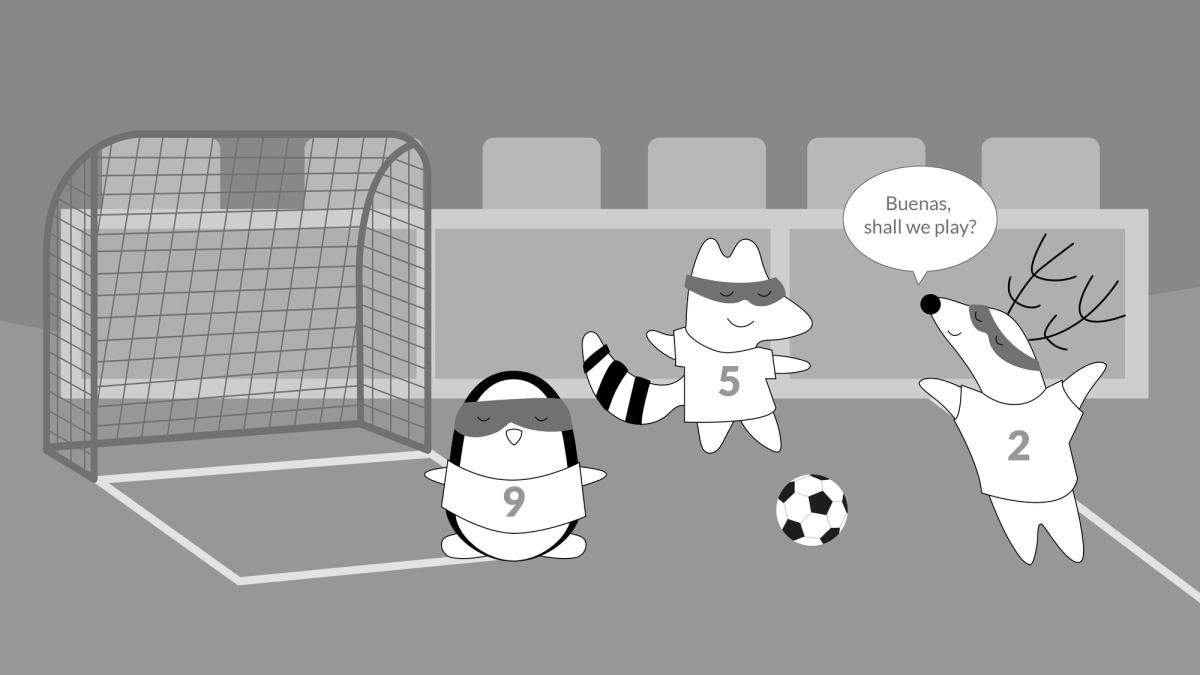 Soren meets Pocky and Iggy to play football together; he greets them and says, “Buenas, shall we play?”