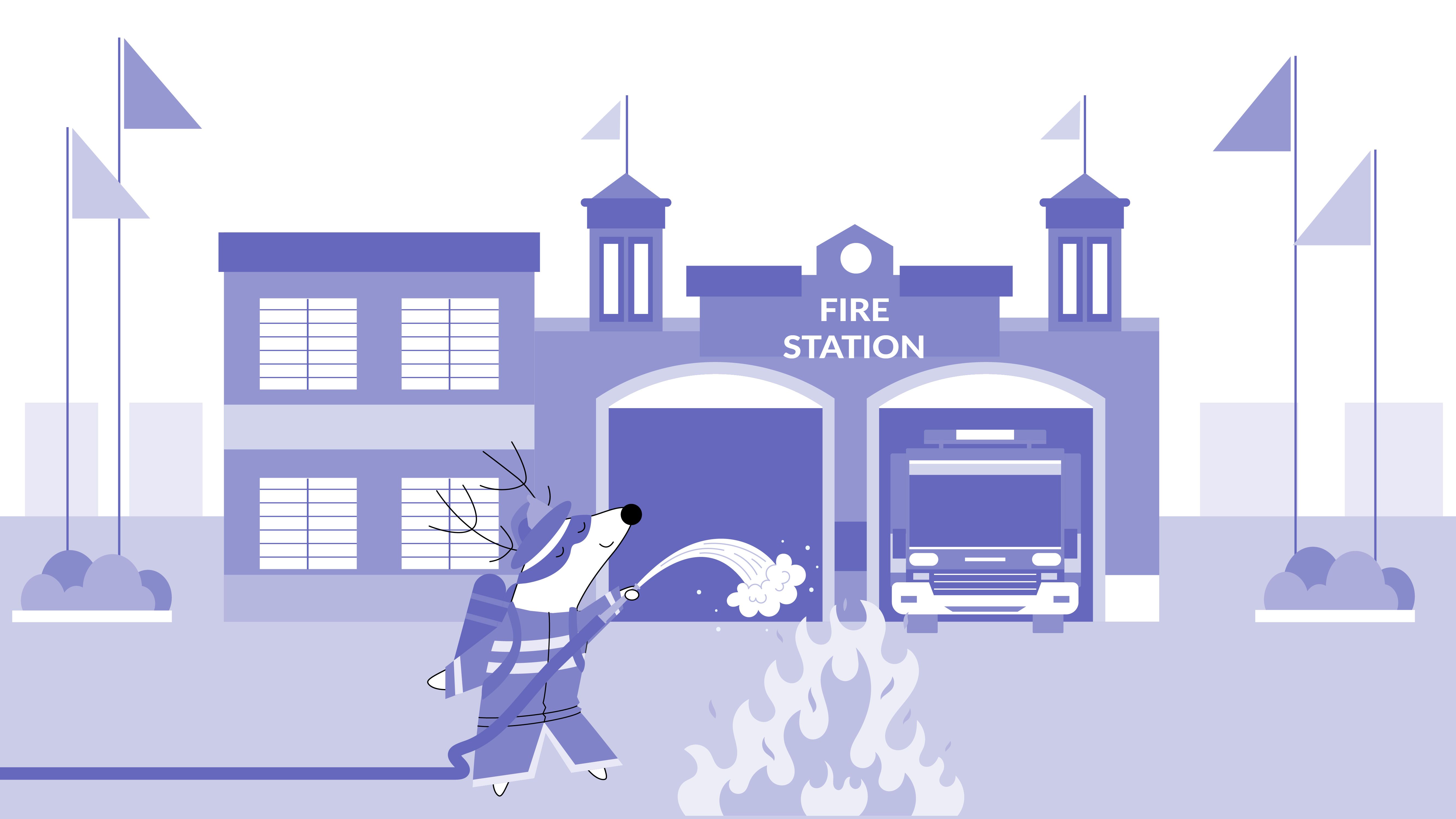 Soren is dressed as a firefighter in front of a station.