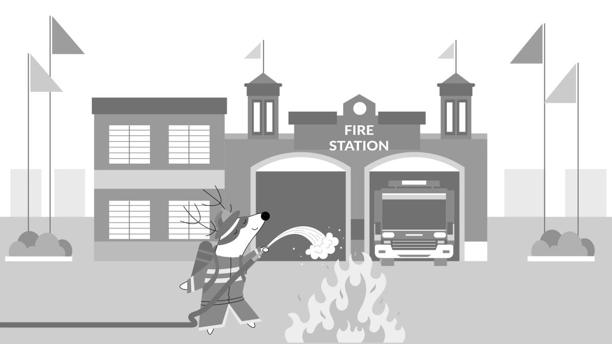 Soren is dressed as a firefighter in front of a station.