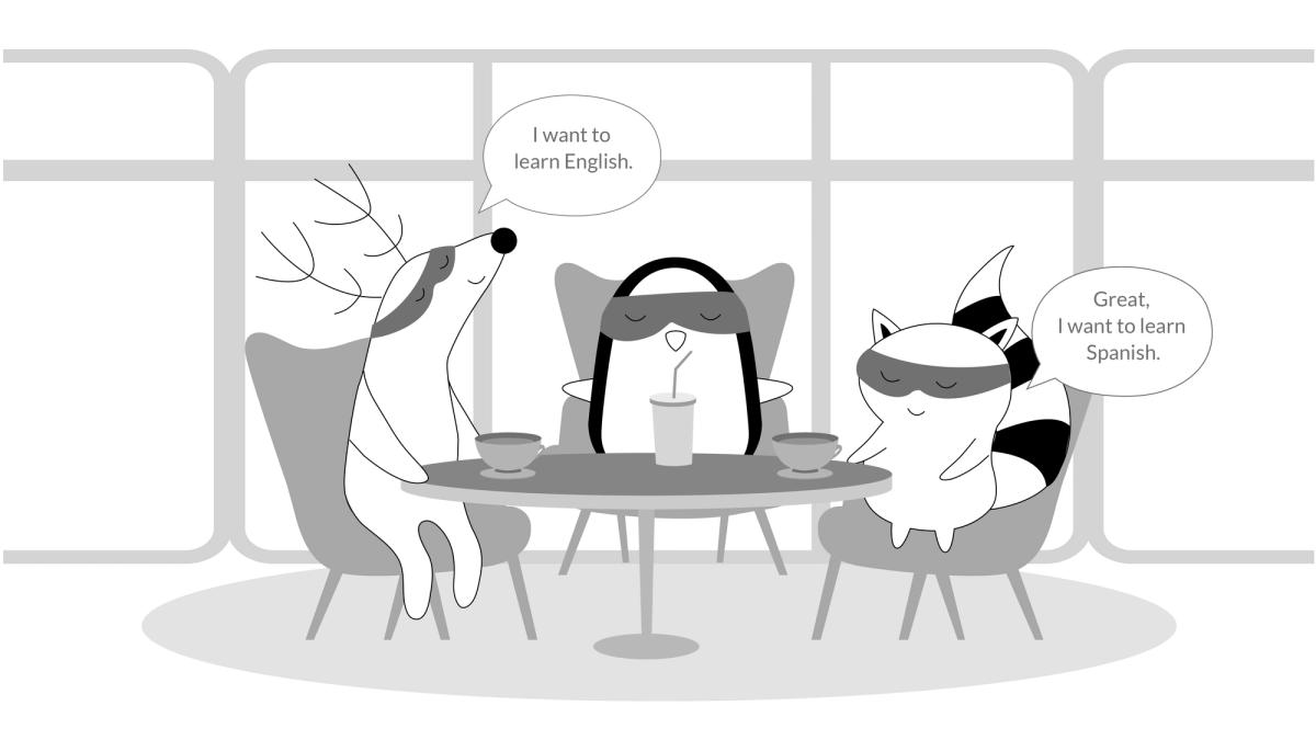 Iggy, Soren and Benji at a café, Soren saying “I want to learn English” and Benji saying “Great, I want to learn Spanish”.