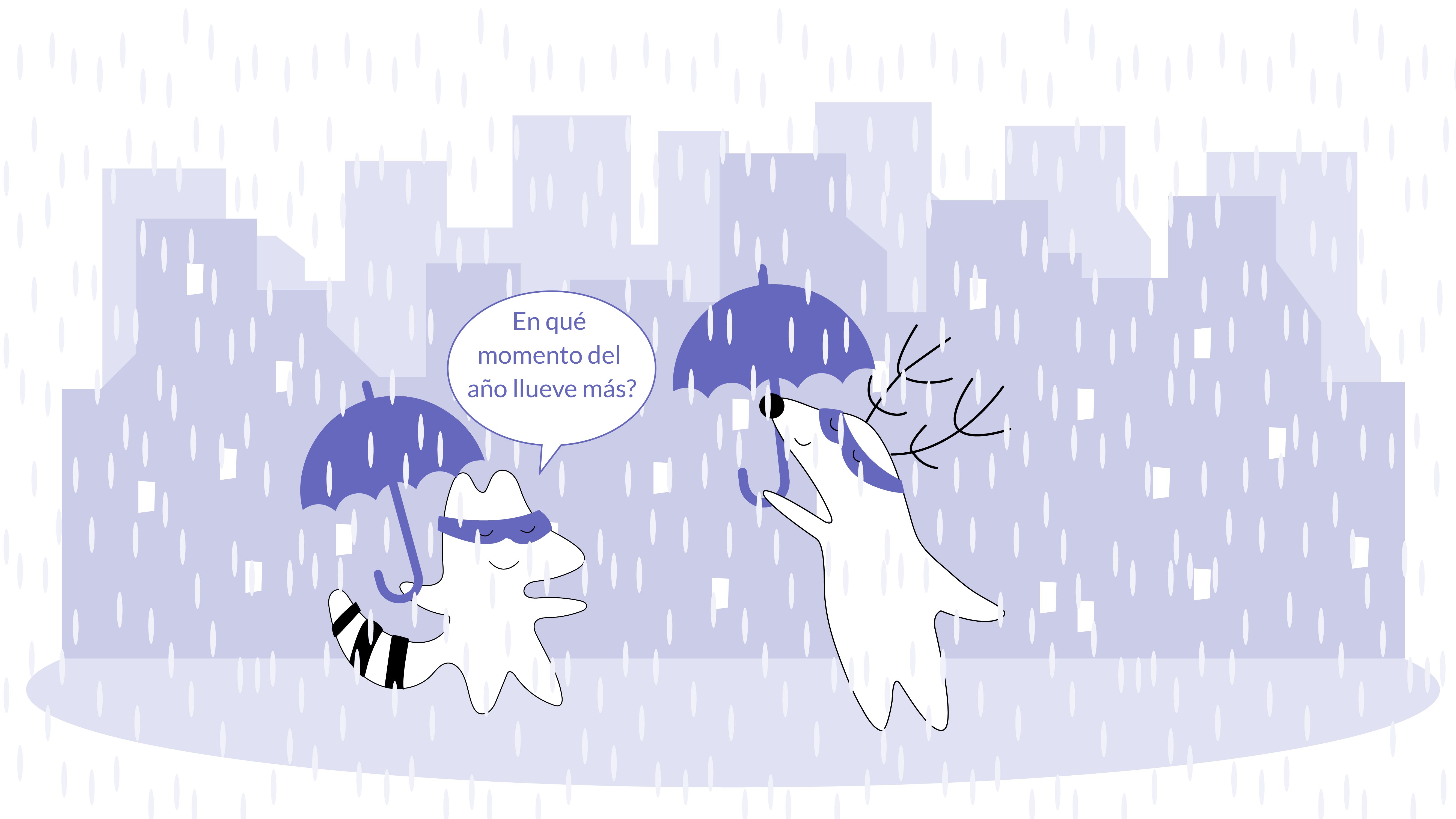 Iggy and Soren both on the street, it’s raining and they are holding umbrellas. Iggy asks “En qué momento del año llueve más?”