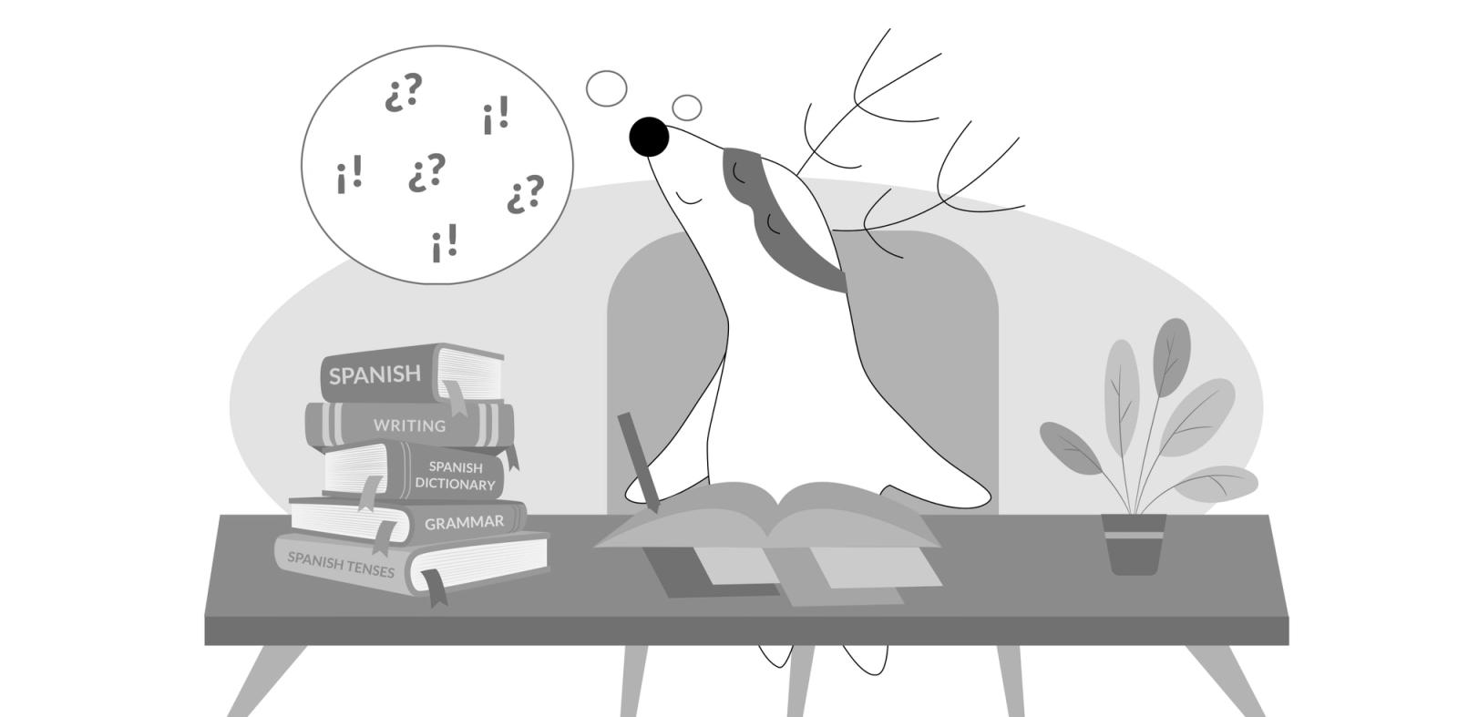 Soren is sitting down at his desk with a thinking globe above his head and the symbols “¿?” and “¡!” floating around.