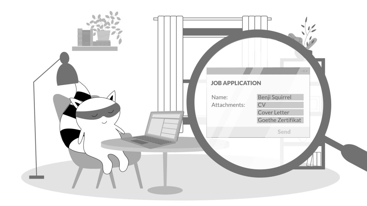 Benji attaches his Goethe Zertifikat to his job application email, along with his CV and cover letter.