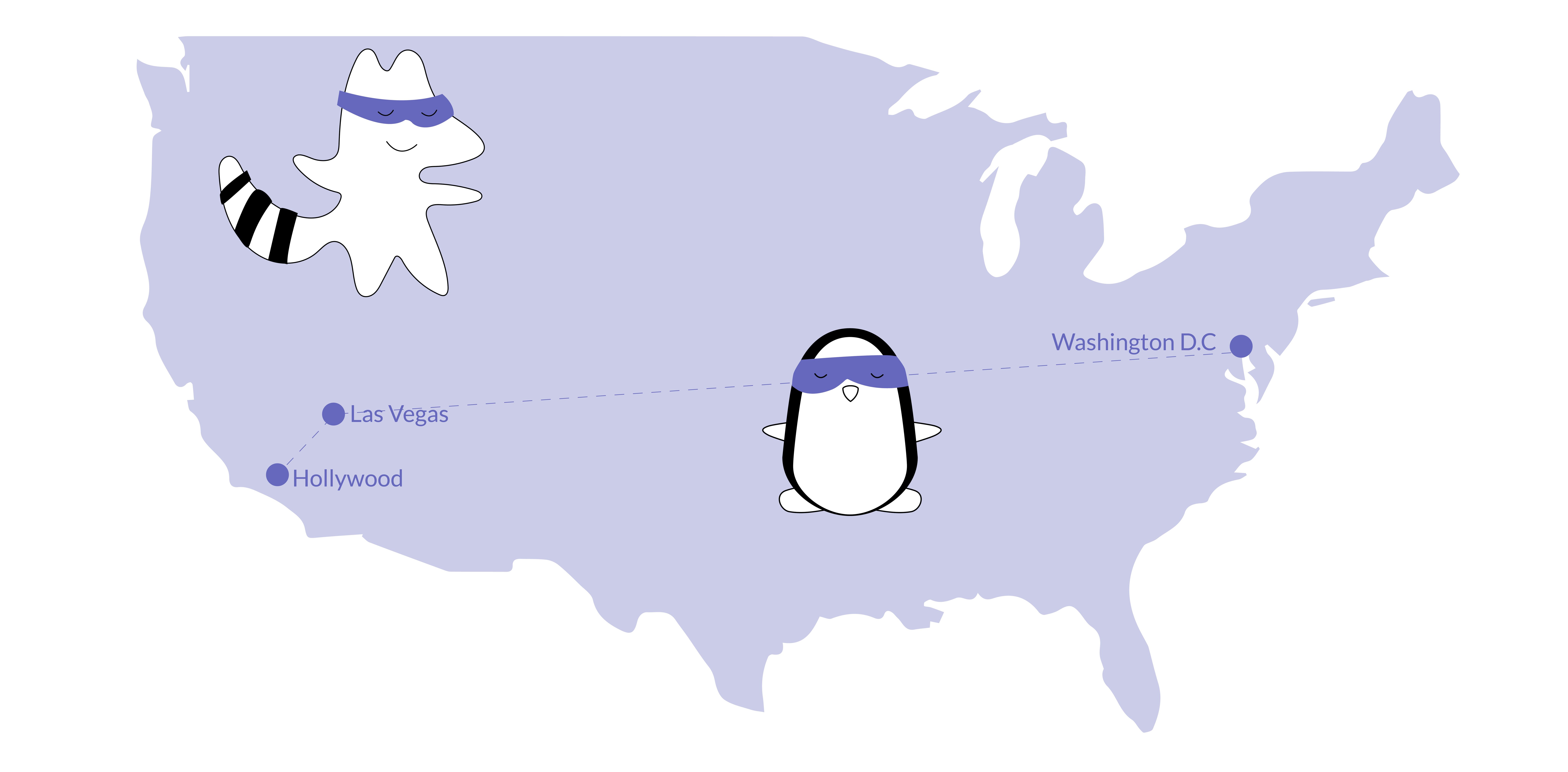 Pocky and Iggy stand in front of the big map of the USA, marking the spots on the map they want to visit during the trip