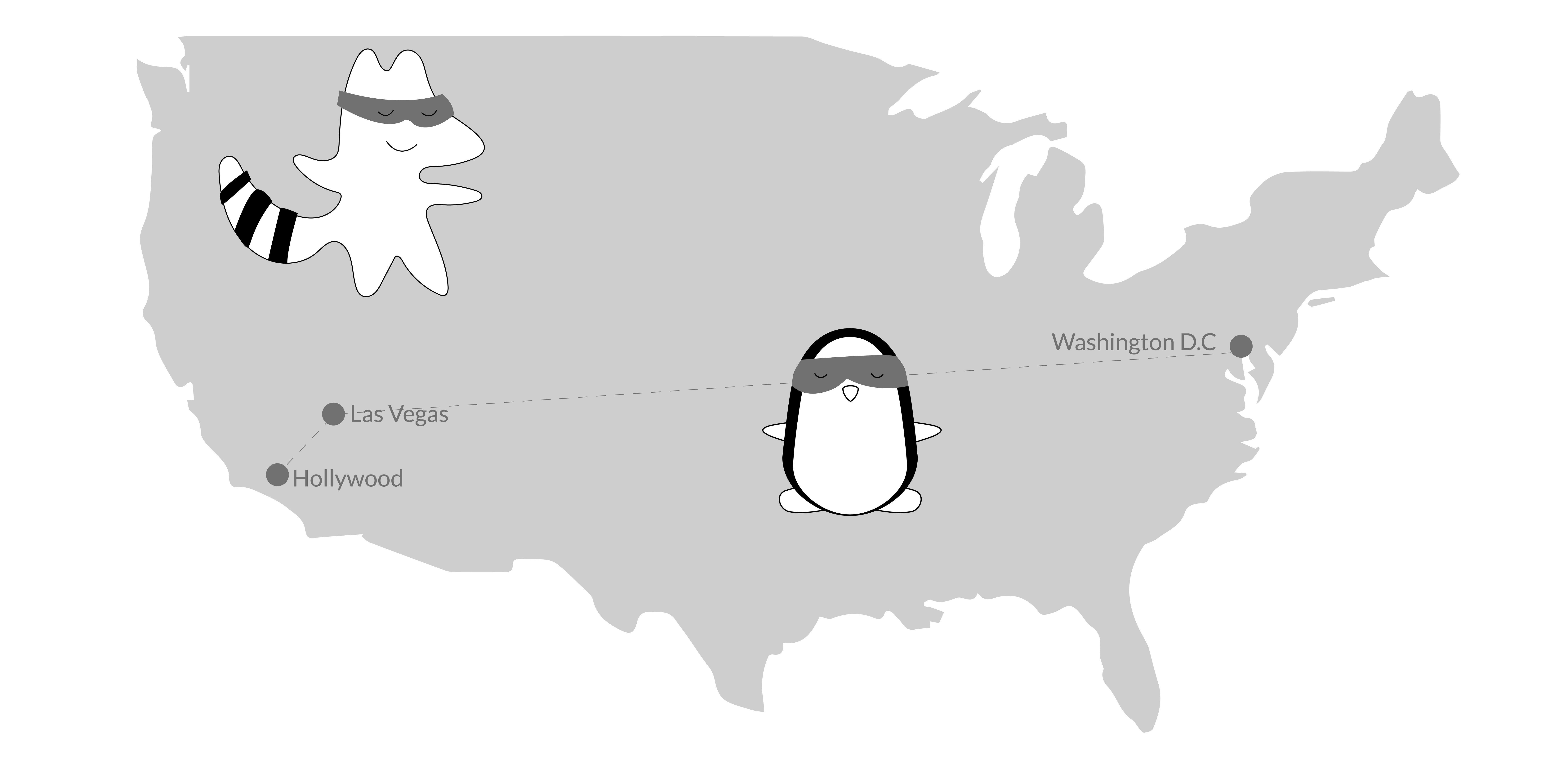  Pocky and Iggy stand in front of the big map of the USA, marking the spots on the map they want to visit during the trip