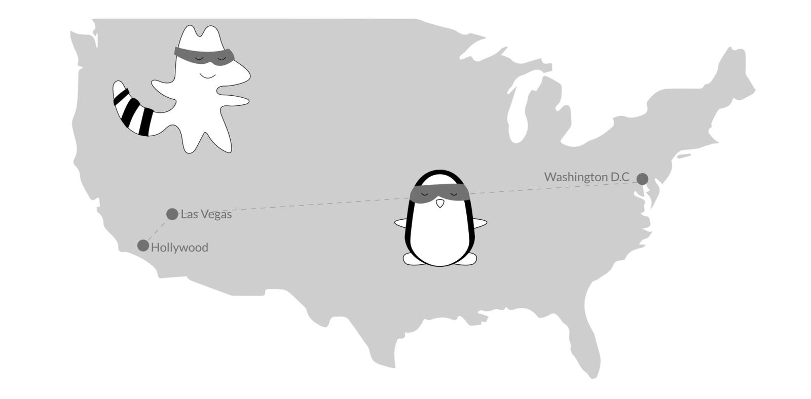  Pocky and Iggy stand in front of the big map of the USA, marking the spots on the map they want to visit during the trip