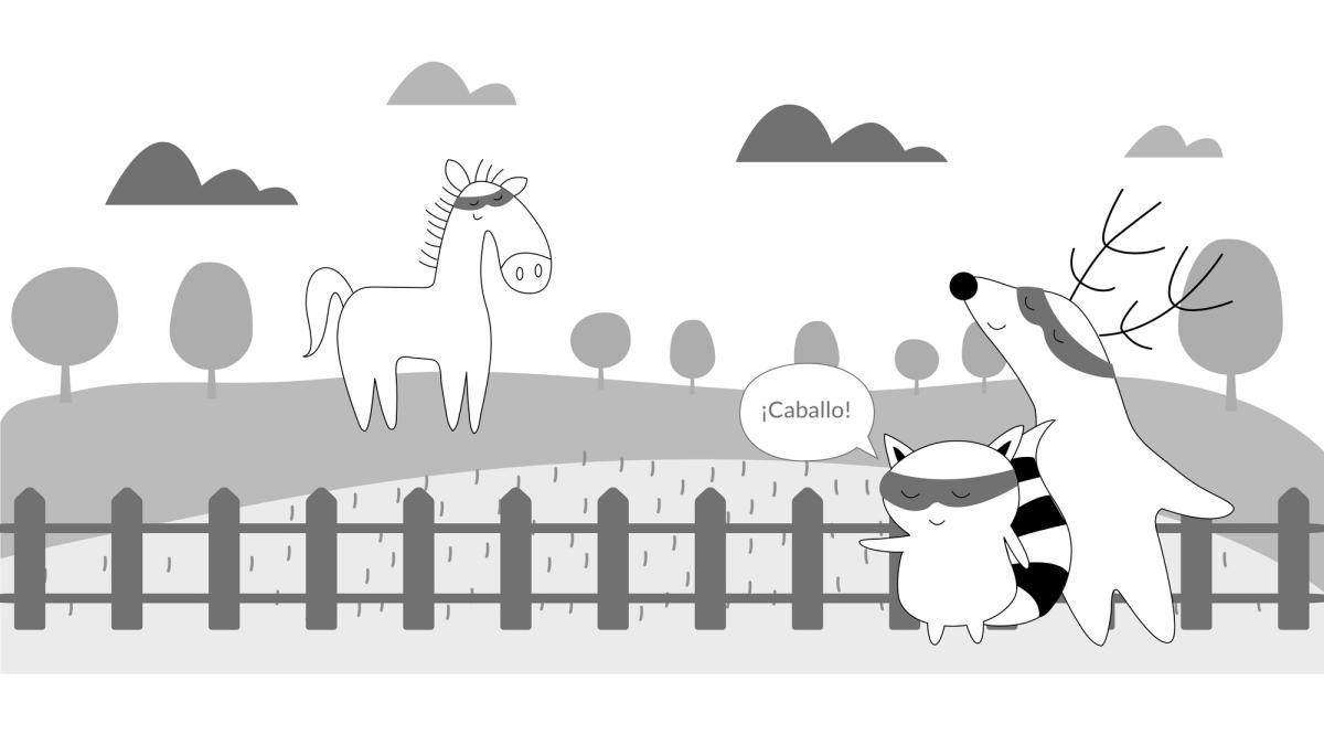 Soren and Pocky are at the zoo, Pocky points at the big horse on the field, and says “¡Caballo!”