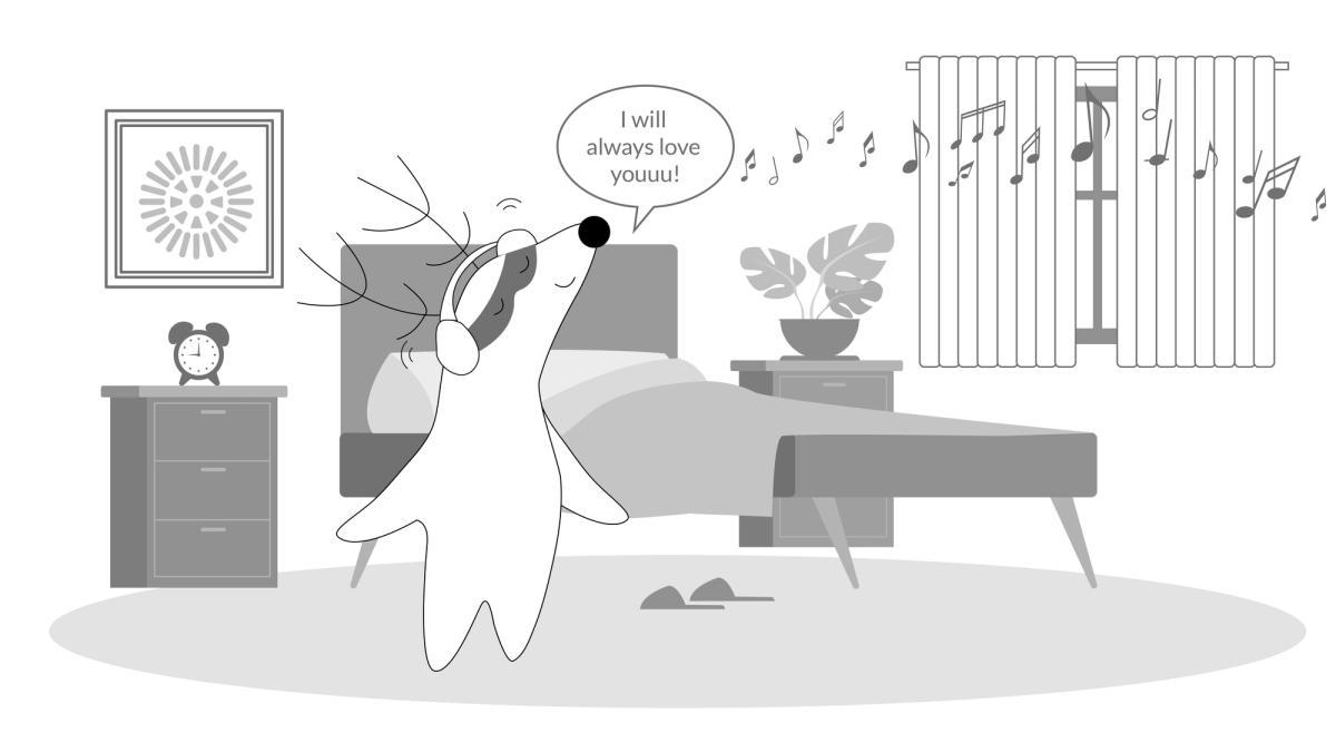 Soren listening to music at home, with headphones, singing "I will always love you".