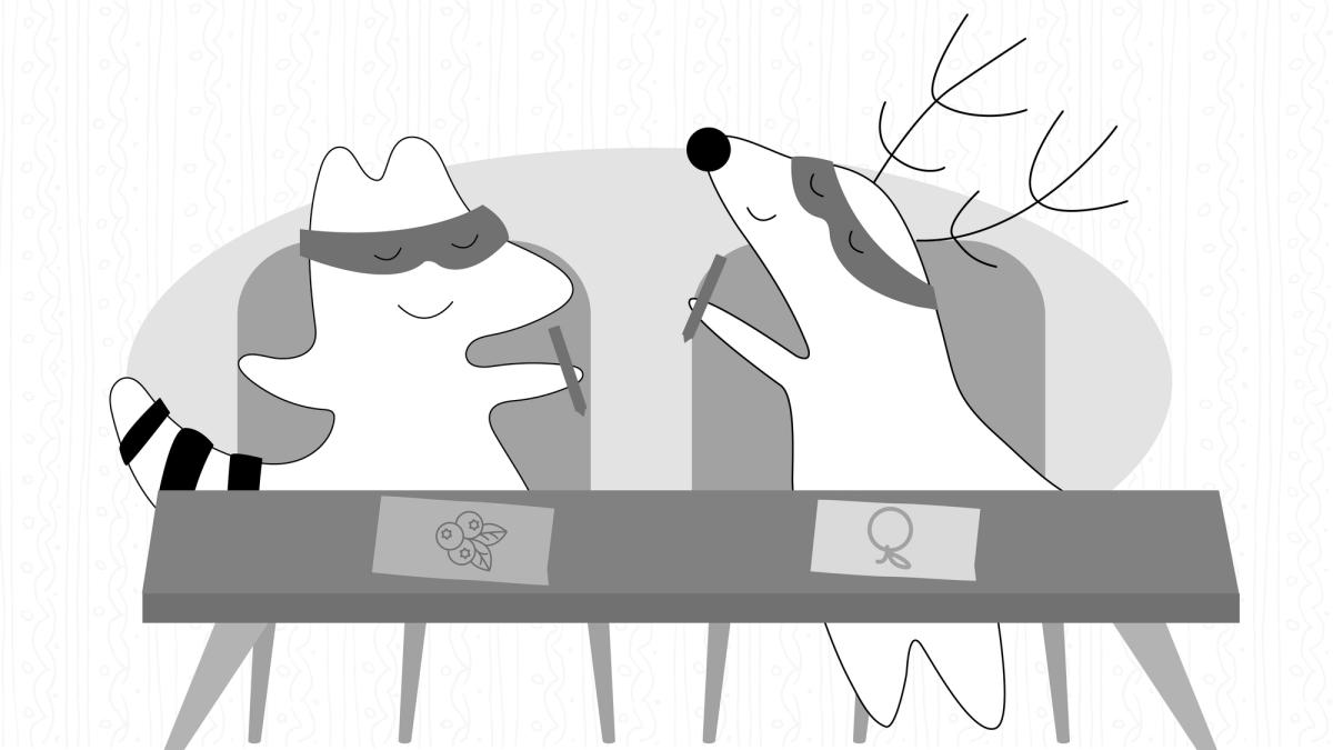 Iggy and Soren sitting down at the table, drawing different fruits like blueberries and peaches. 