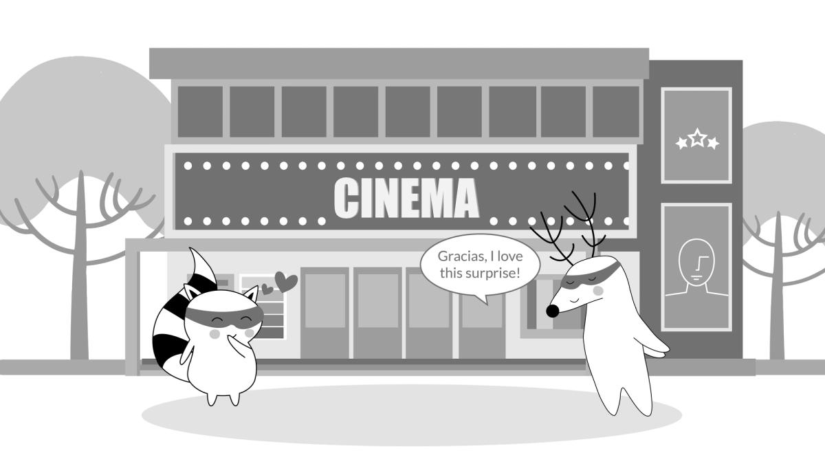 Iggy and Soren are at the cinema, Iggy says “Gracias, I love this surprise.”