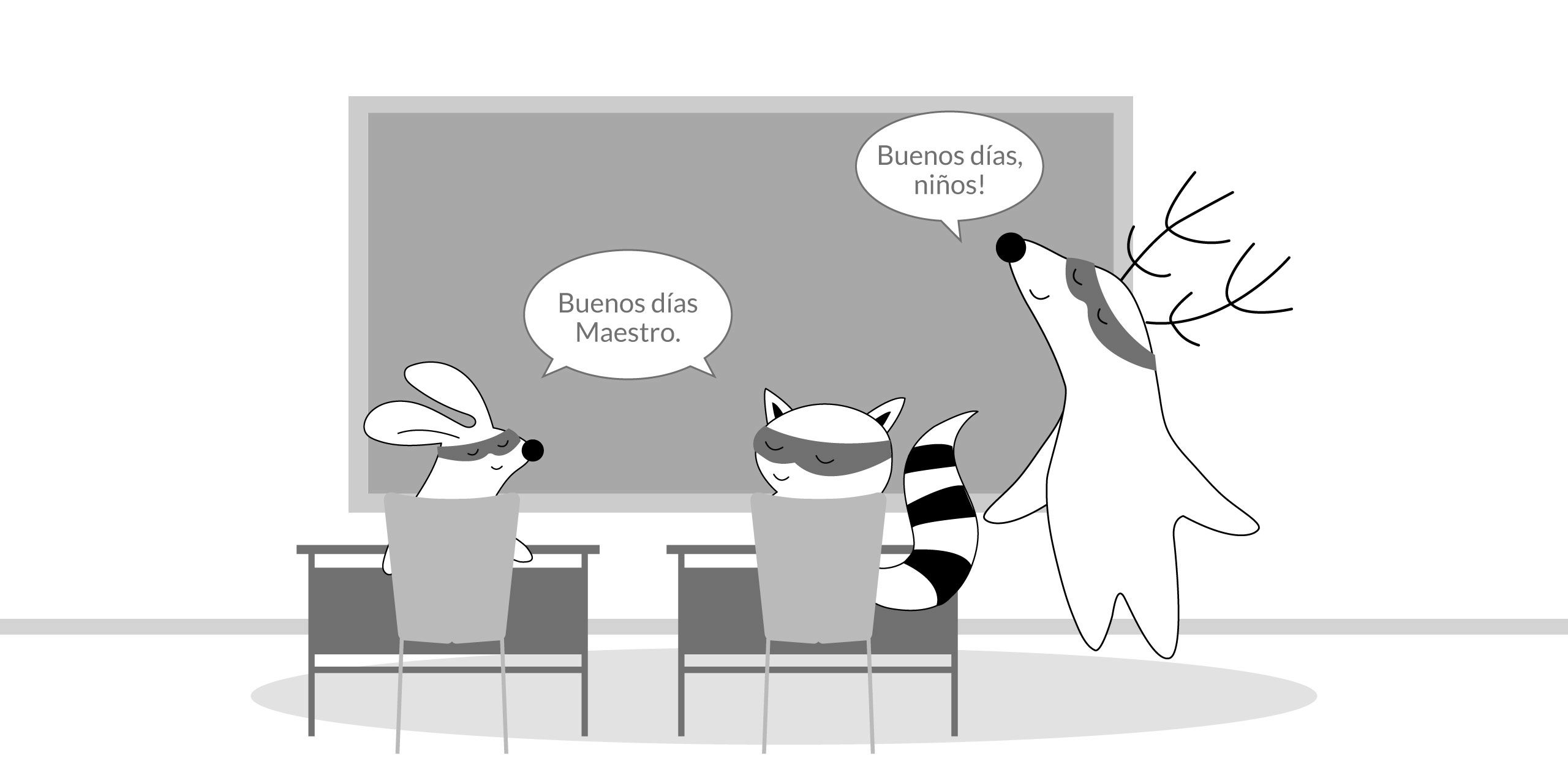 Characters saying "good morning" in Spanish