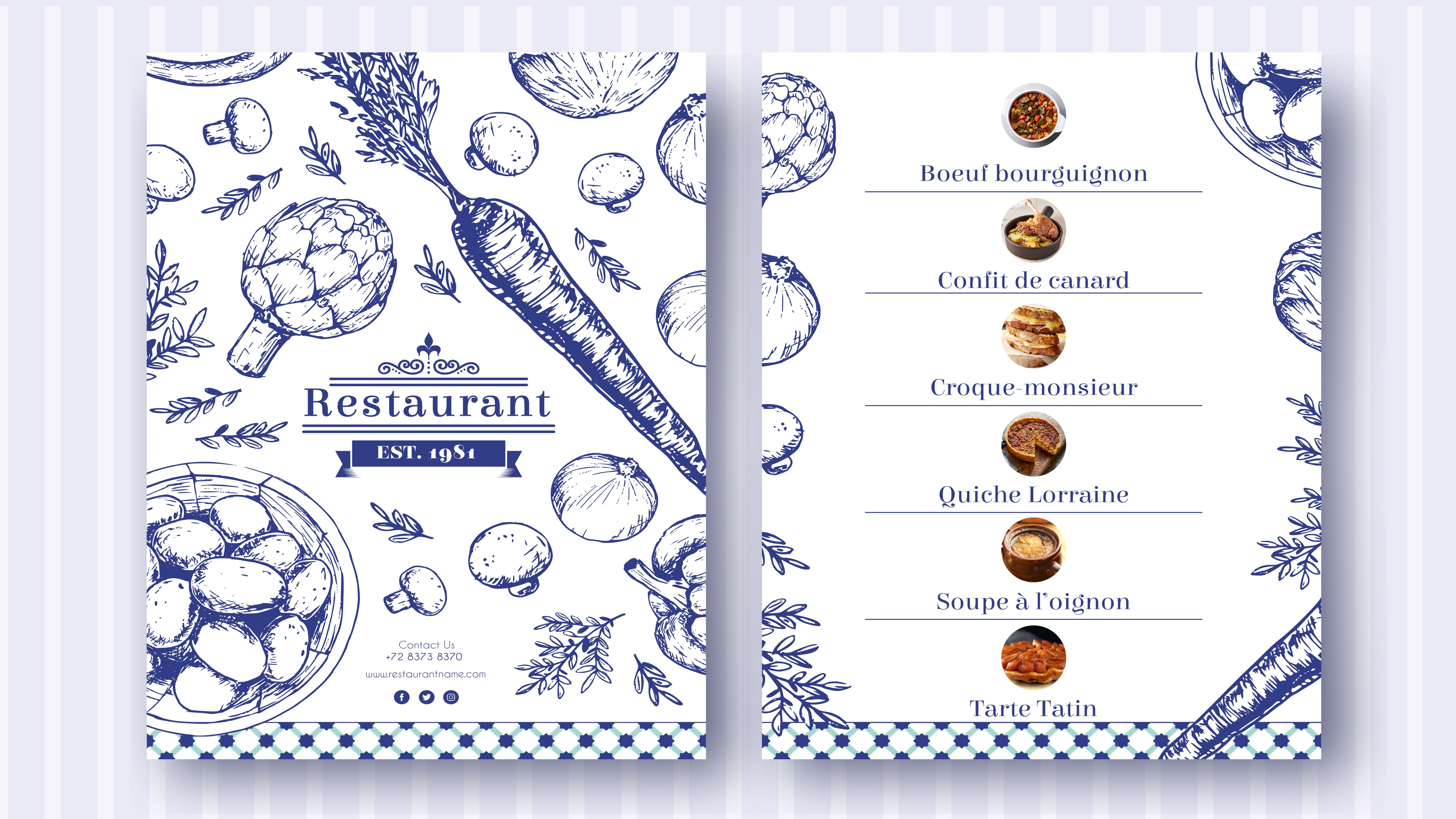  A menu at a French restaurant, with names of dishes and small images of these dishes next to them