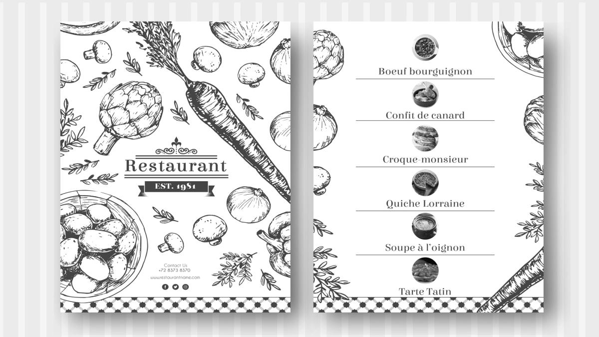  A menu at a French restaurant, with names of dishes and small images of these dishes next to them