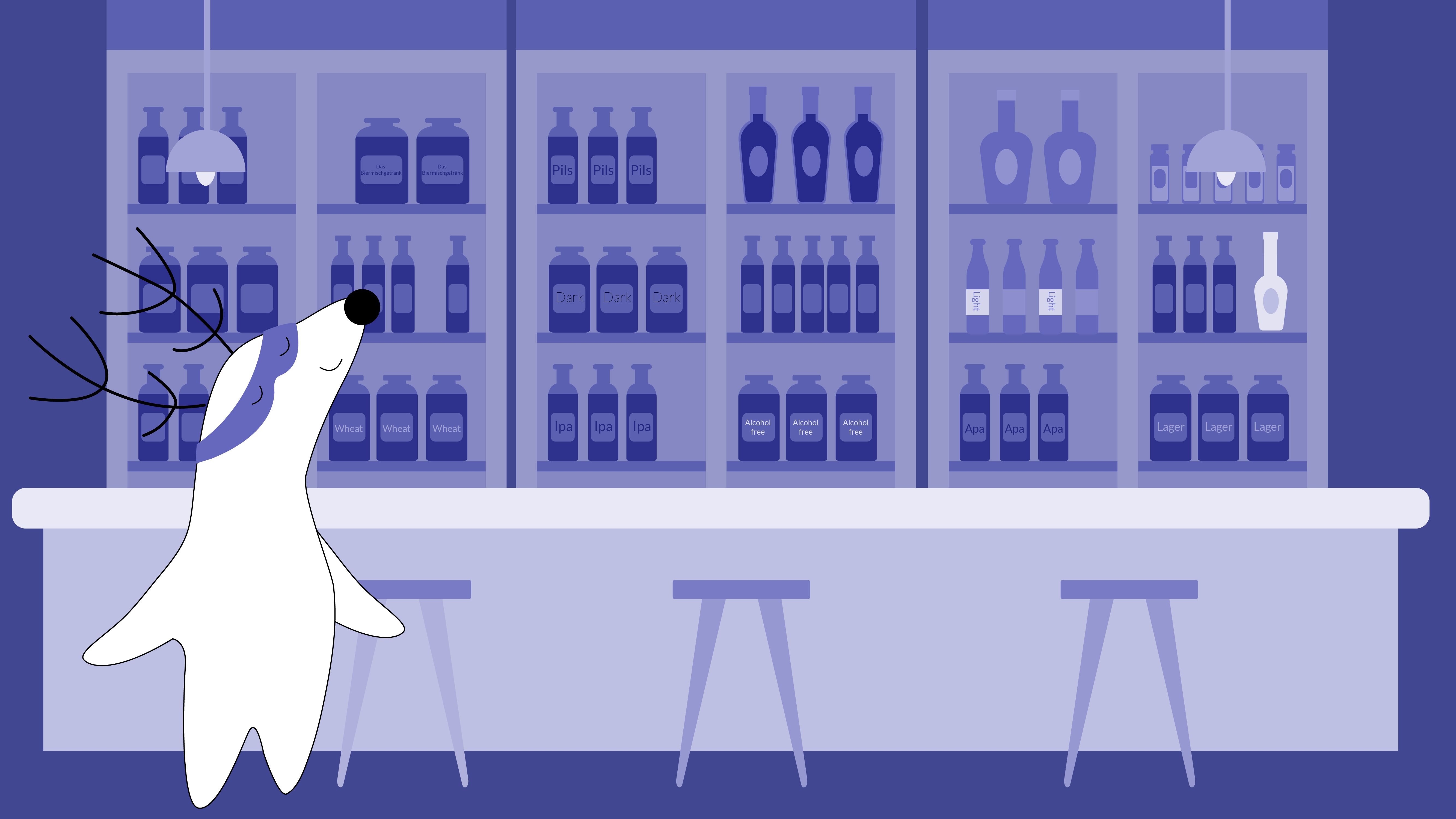 Soren comes to a bar and looks at its wall, filled with different types of beer in various bottles: dark, light, wheat, alcohol-free, pils, Das Biermischgetränk, IPA, APA, lager, etc.