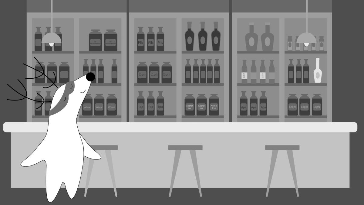 Soren comes to a bar and looks at its wall, filled with different types of beer in various bottles: dark, light, wheat, alcohol-free, pils, Das Biermischgetränk, IPA, APA, lager, etc.