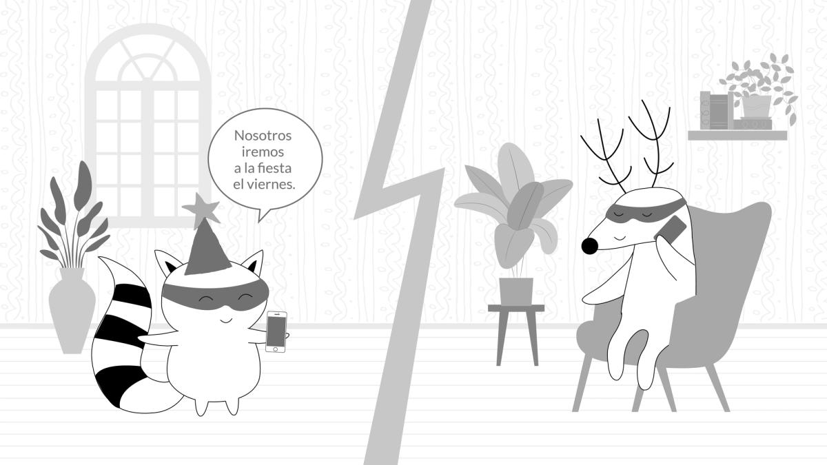 Soren and Pocky speak on the phone, Soren says, "Nosotros iremos a la fiesta el viernes."
