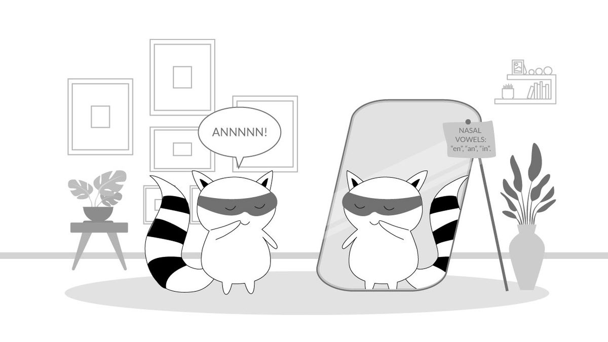 Character practicing pronouncing nasal vowels in French